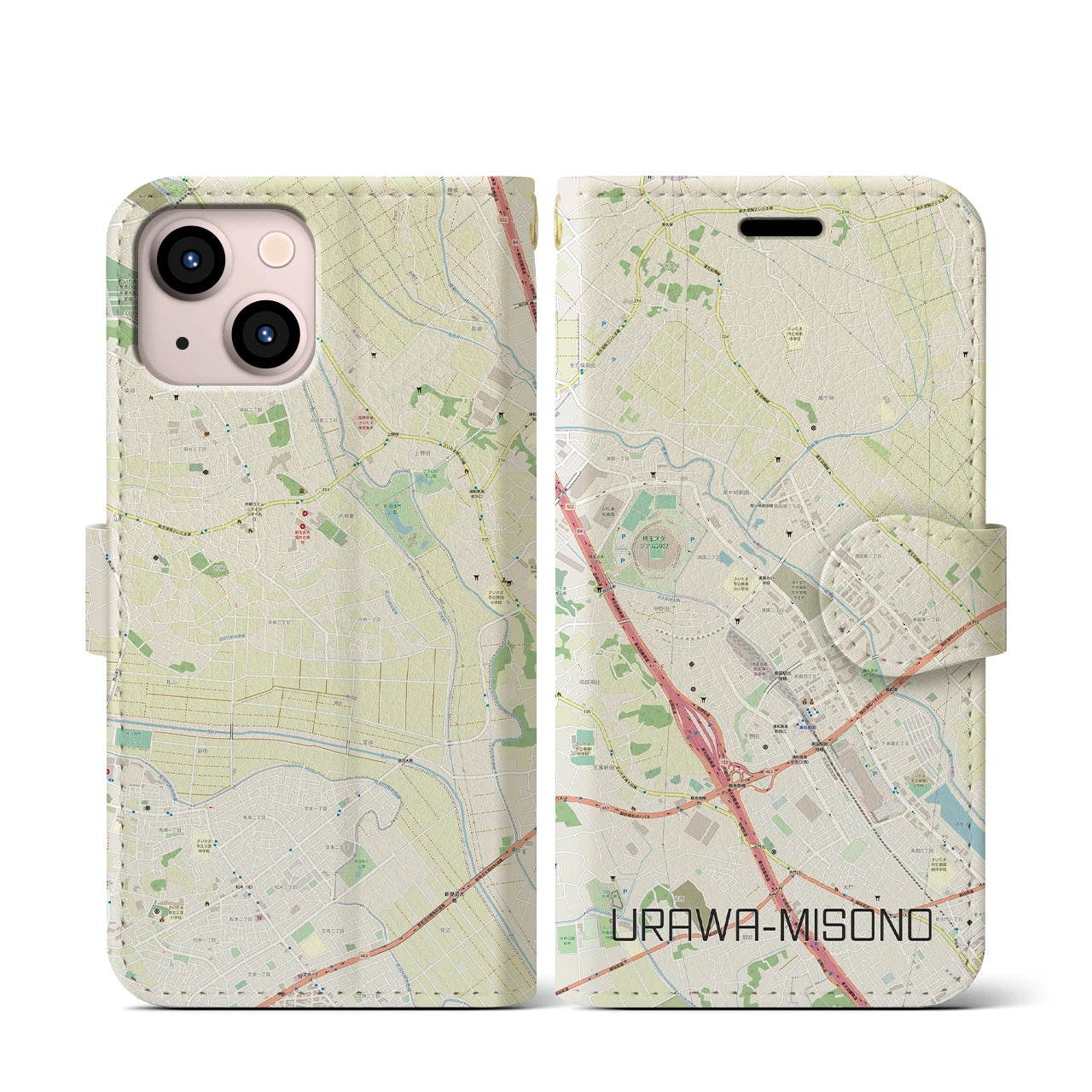 【浦和美園2(埼玉県)】地図柄iPhoneケース(手帳タイプ)ナチュラル・iPhone 13 mini 用