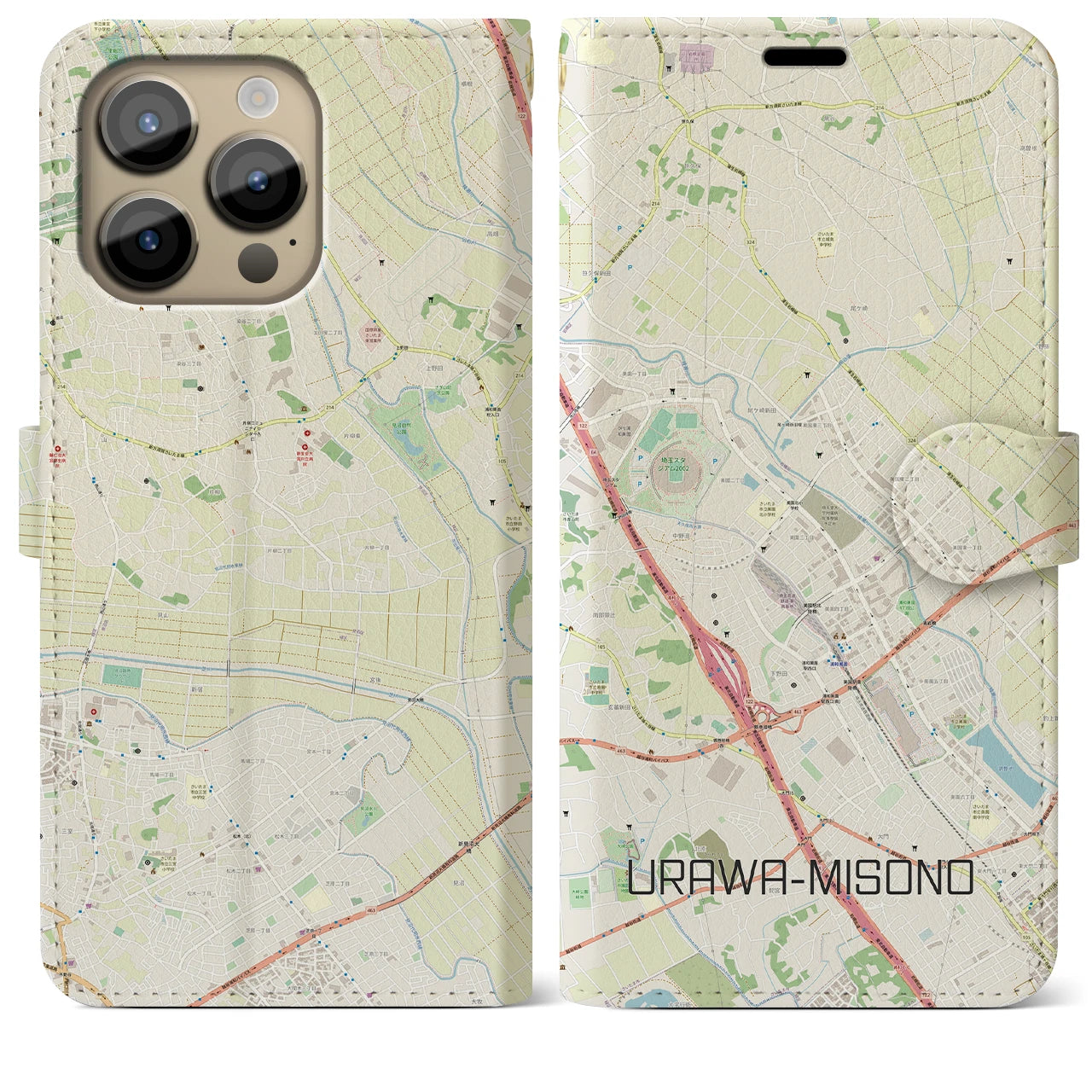【浦和美園2(埼玉県)】地図柄iPhoneケース(手帳タイプ)ナチュラル・iPhone 14 Pro Max 用