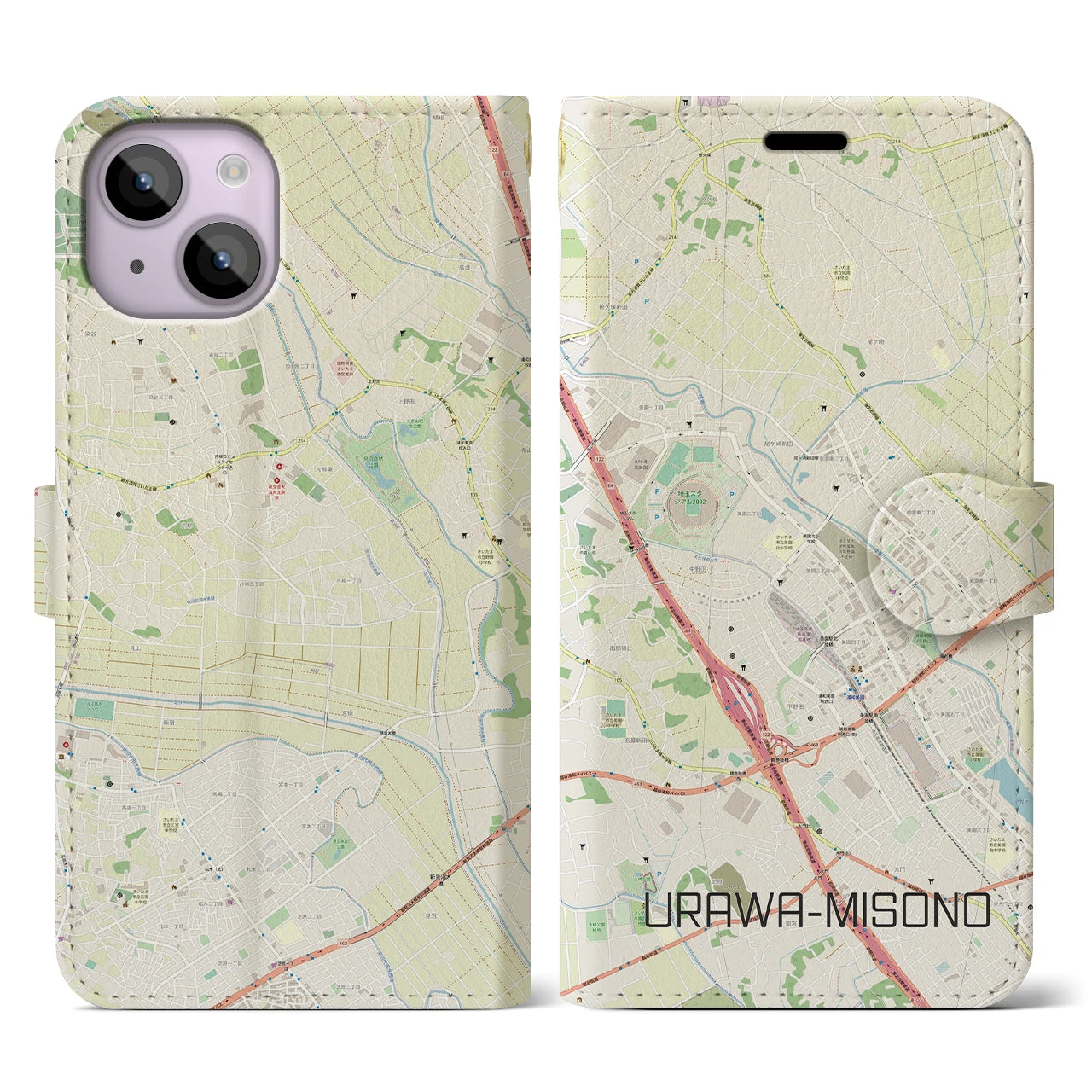 【浦和美園2(埼玉県)】地図柄iPhoneケース(手帳タイプ)ナチュラル・iPhone 14 用