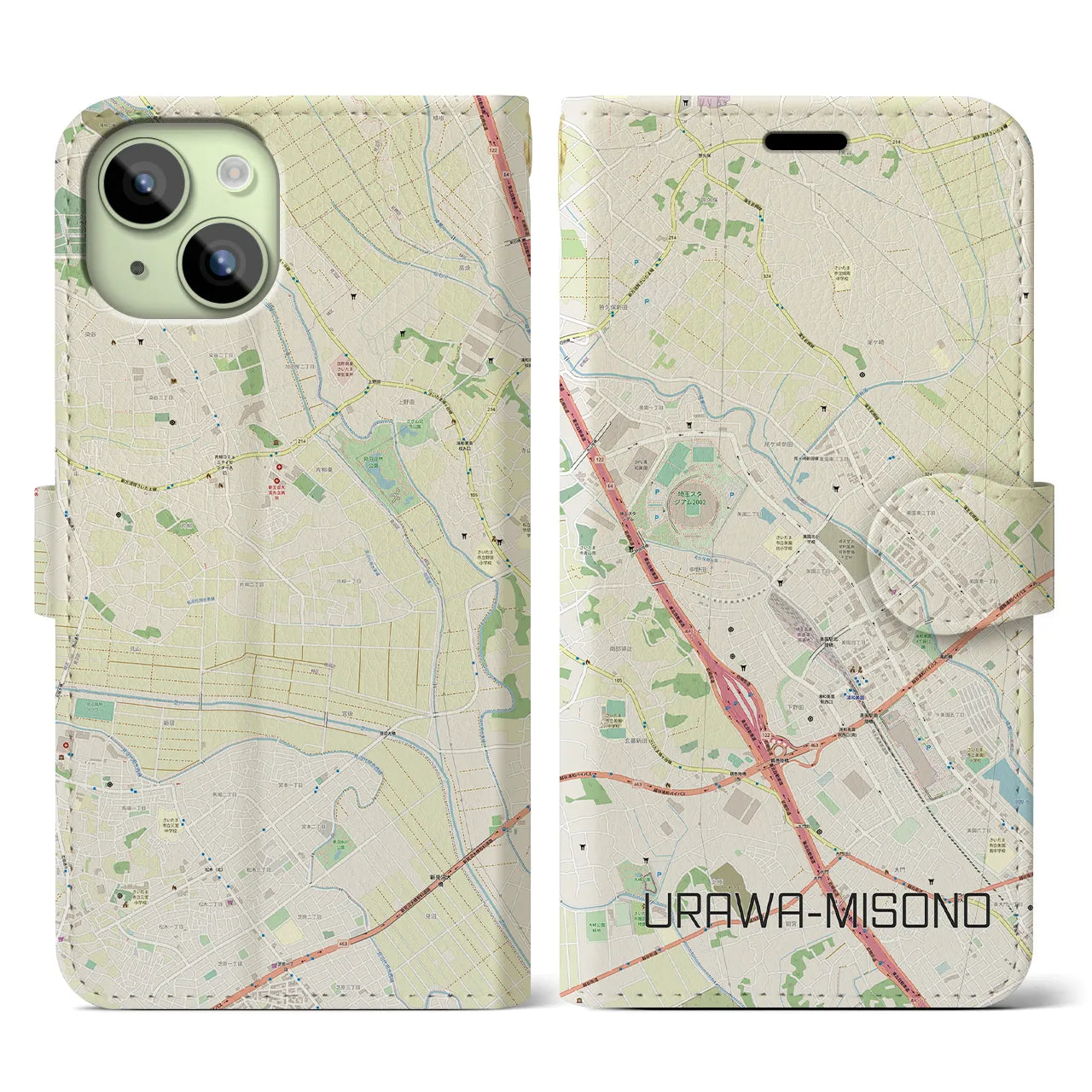 【浦和美園2(埼玉県)】地図柄iPhoneケース(手帳タイプ)ナチュラル・iPhone 15 用