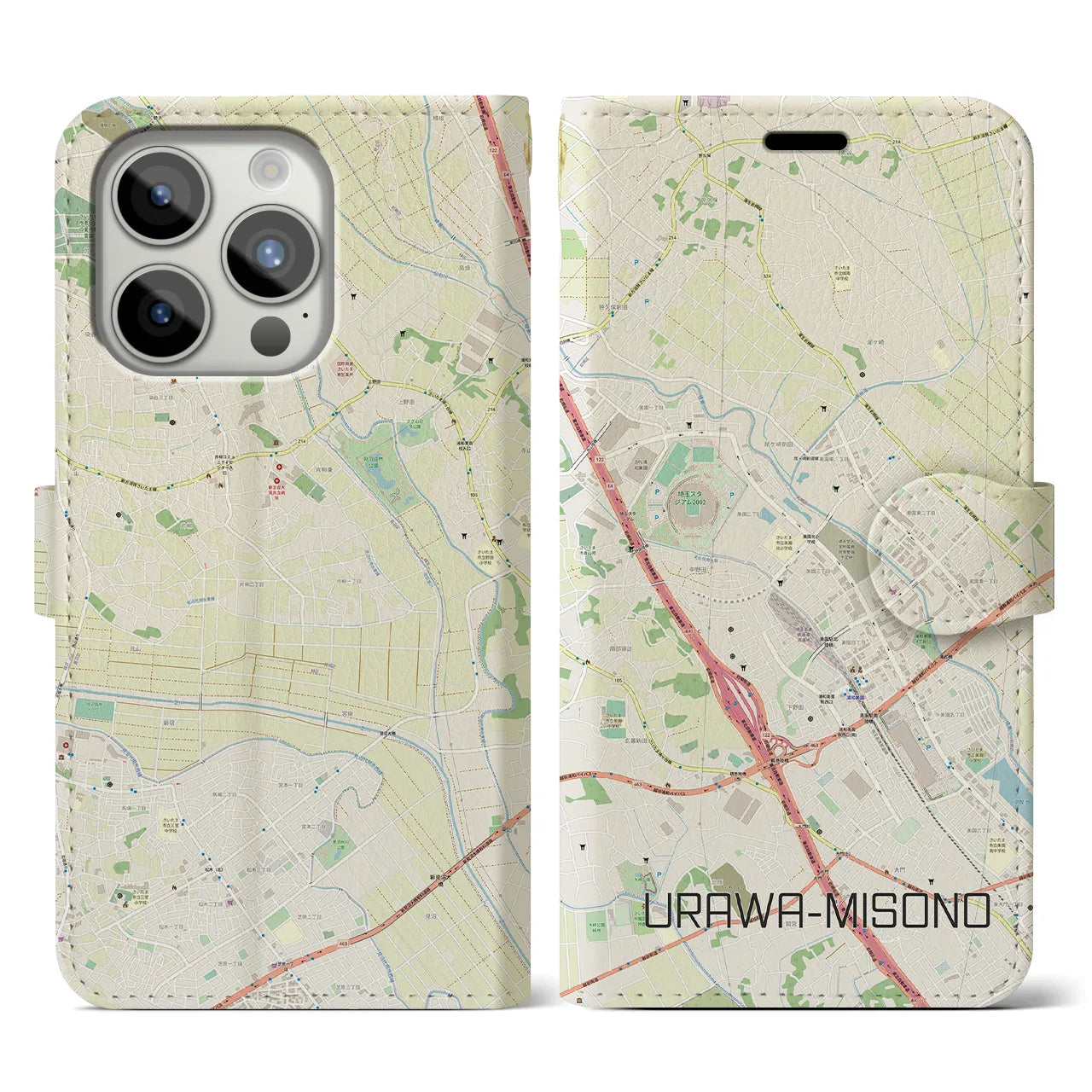 【浦和美園2(埼玉県)】地図柄iPhoneケース(手帳タイプ)ナチュラル・iPhone 15 Pro 用