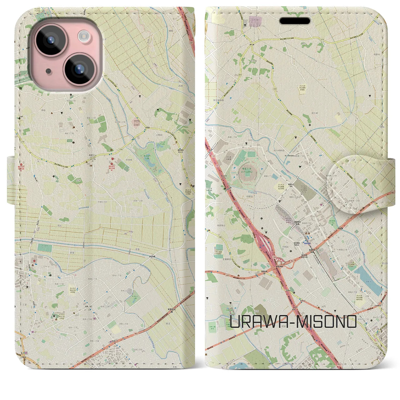【浦和美園2(埼玉県)】地図柄iPhoneケース(手帳タイプ)ナチュラル・iPhone 15 Plus 用