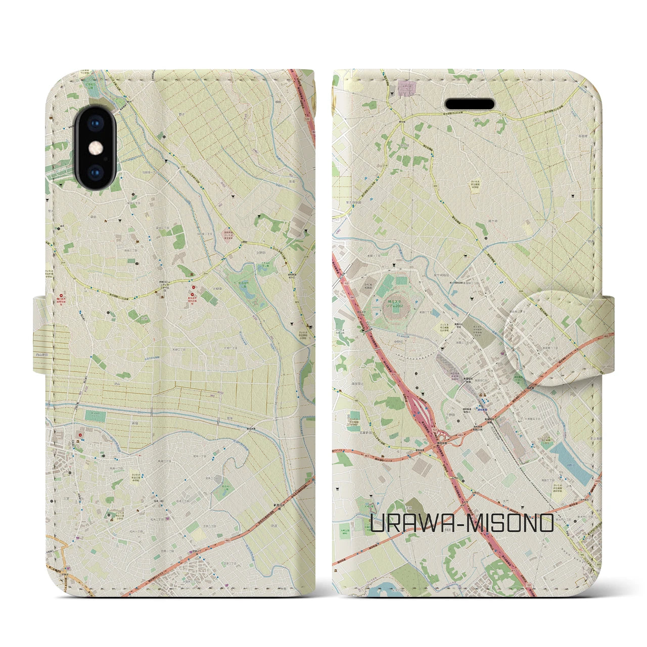 【浦和美園2(埼玉県)】地図柄iPhoneケース(手帳タイプ)ナチュラル・iPhone XS / X 用