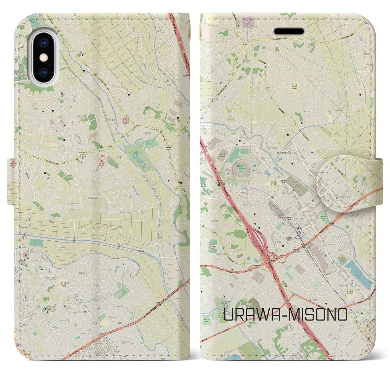 【浦和美園2(埼玉県)】地図柄iPhoneケース(手帳タイプ)ナチュラル・iPhone XS Max 用