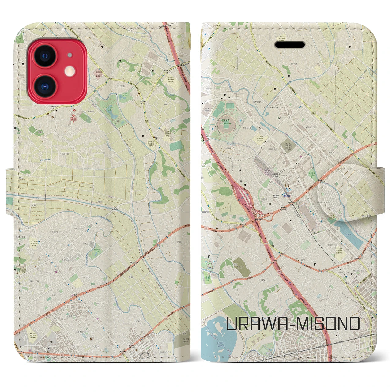 【浦和美園(埼玉県)】地図柄iPhoneケース(手帳タイプ)ナチュラル・iPhone 11 用