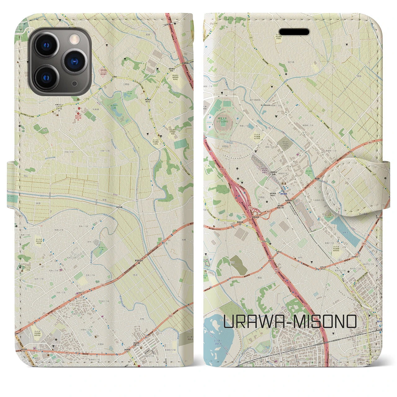 【浦和美園(埼玉県)】地図柄iPhoneケース(手帳タイプ)ナチュラル・iPhone 11 Pro Max 用