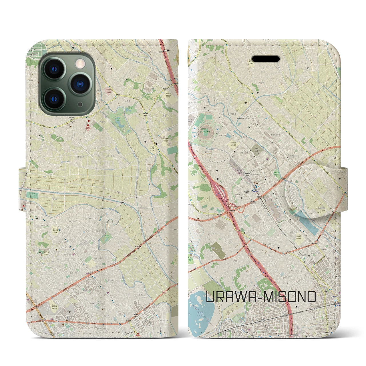 【浦和美園(埼玉県)】地図柄iPhoneケース(手帳タイプ)ナチュラル・iPhone 11 Pro 用