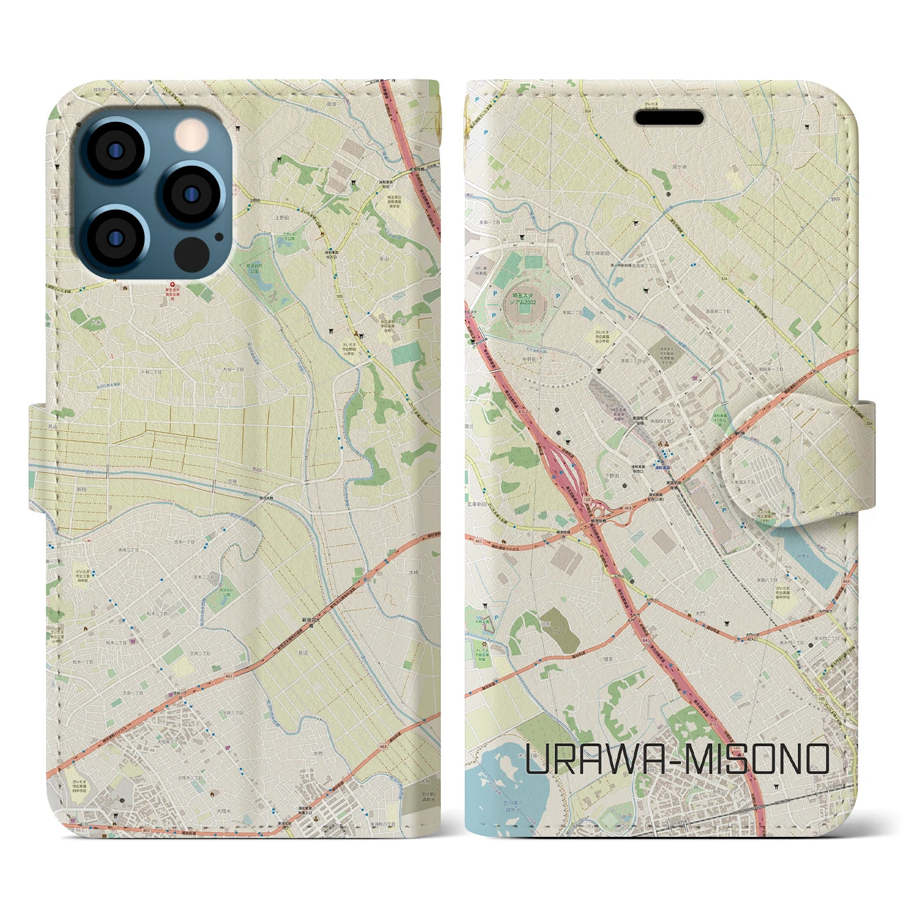 【浦和美園(埼玉県)】地図柄iPhoneケース(手帳タイプ)ナチュラル・iPhone 12 / 12 Pro 用