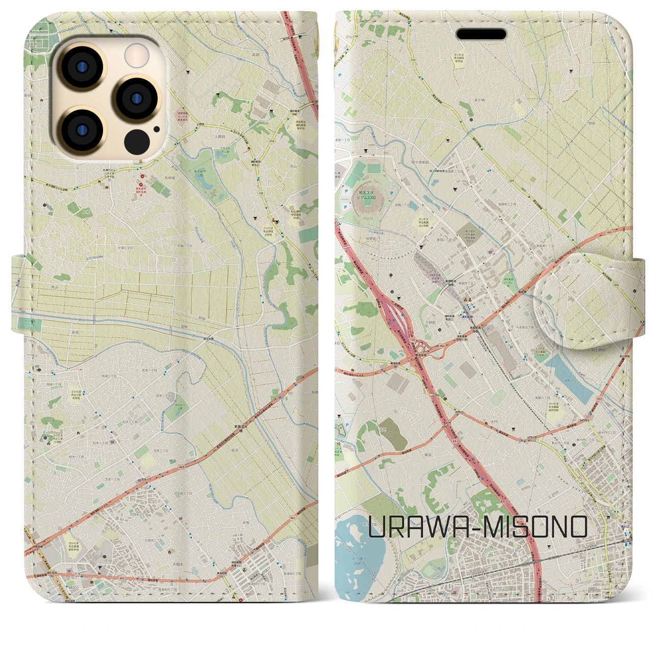 【浦和美園(埼玉県)】地図柄iPhoneケース(手帳タイプ)ナチュラル・iPhone 12 Pro Max 用