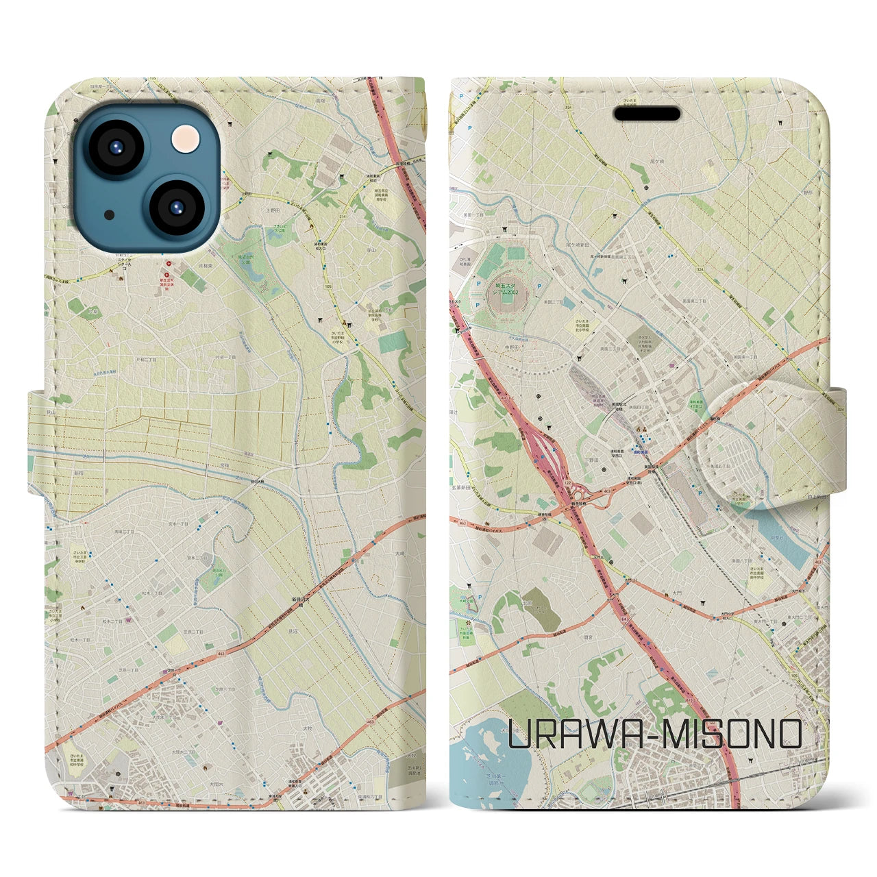 【浦和美園(埼玉県)】地図柄iPhoneケース(手帳タイプ)ナチュラル・iPhone 13 用