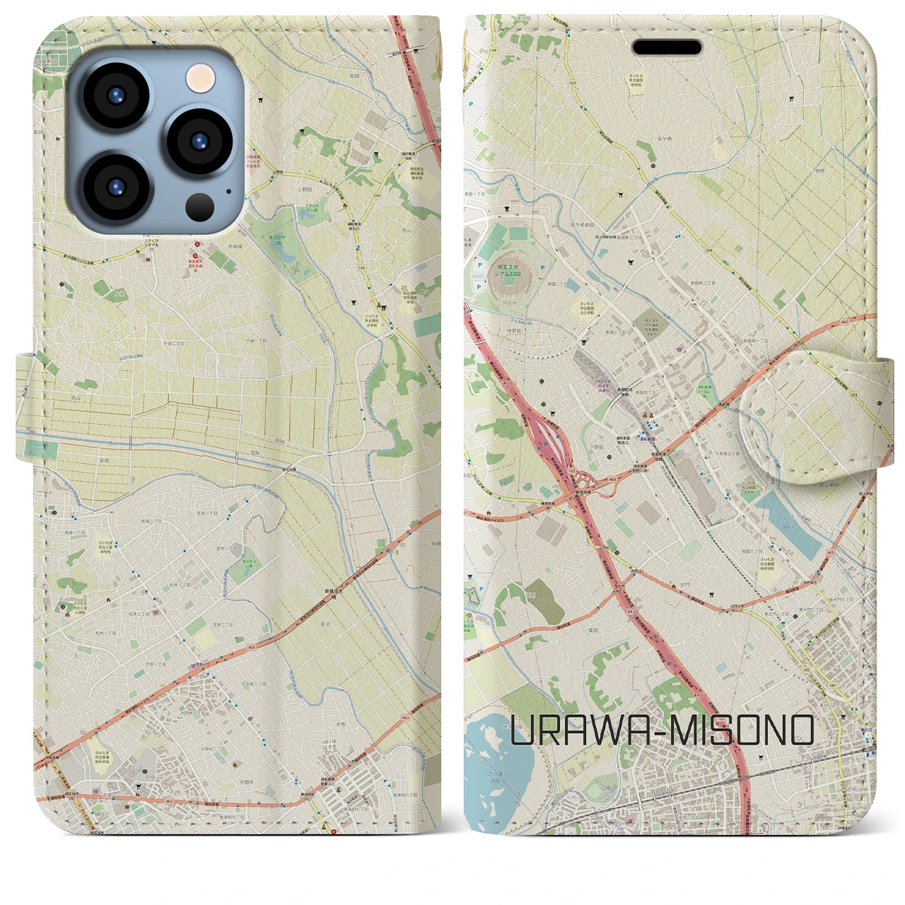 【浦和美園(埼玉県)】地図柄iPhoneケース(手帳タイプ)ナチュラル・iPhone 13 Pro Max 用