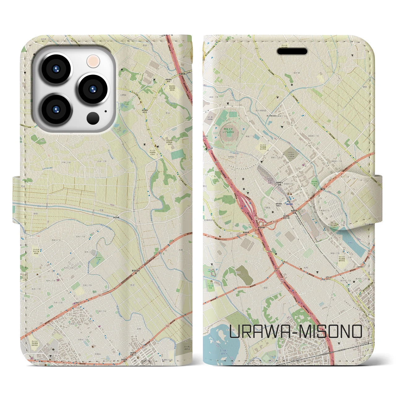 【浦和美園(埼玉県)】地図柄iPhoneケース(手帳タイプ)ナチュラル・iPhone 13 Pro 用