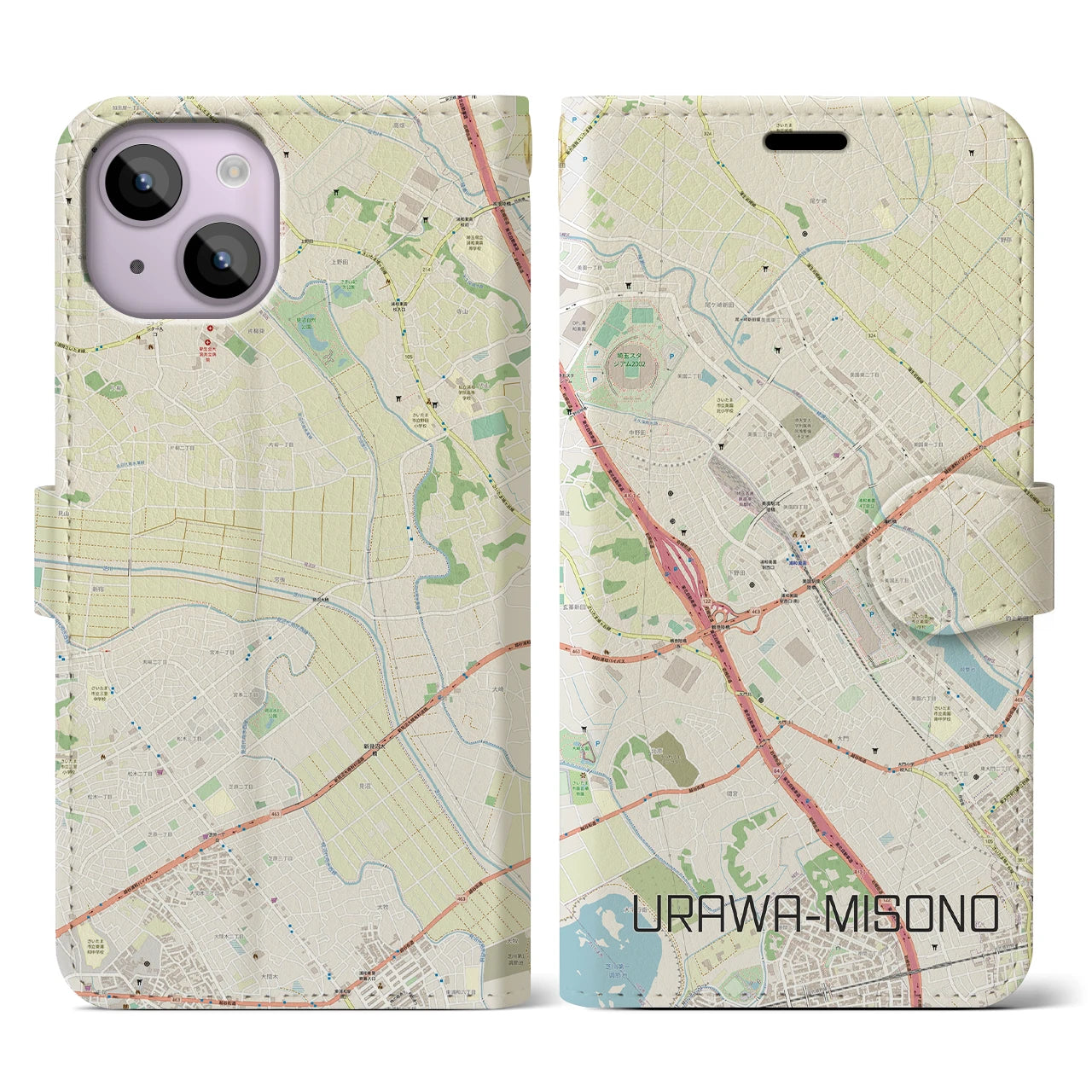 【浦和美園(埼玉県)】地図柄iPhoneケース(手帳タイプ)ナチュラル・iPhone 14 用