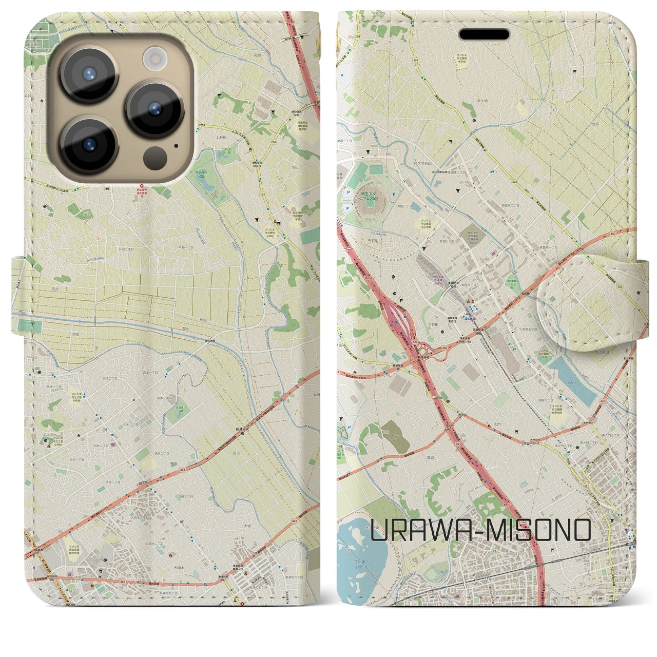 【浦和美園(埼玉県)】地図柄iPhoneケース(手帳タイプ)ナチュラル・iPhone 14 Pro Max 用