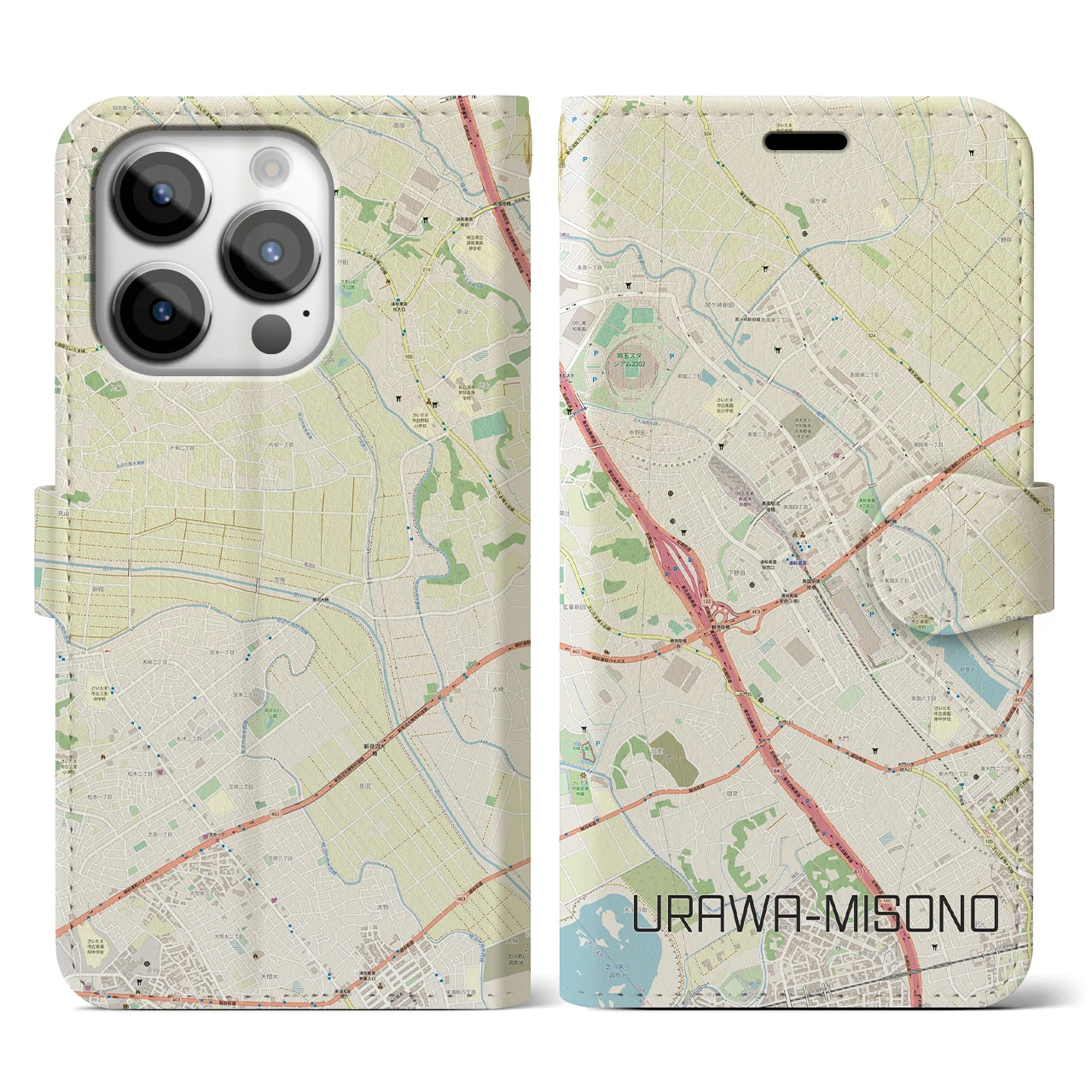 【浦和美園(埼玉県)】地図柄iPhoneケース(手帳タイプ)ナチュラル・iPhone 14 Pro 用