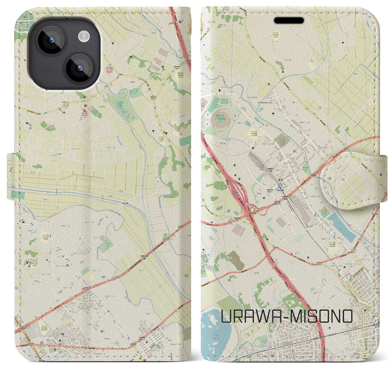 【浦和美園(埼玉県)】地図柄iPhoneケース(手帳タイプ)ナチュラル・iPhone 14 Plus 用