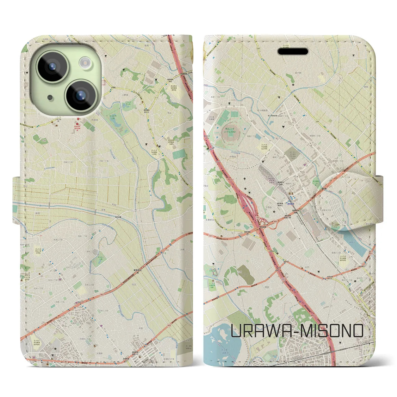 【浦和美園(埼玉県)】地図柄iPhoneケース(手帳タイプ)ナチュラル・iPhone 15 用