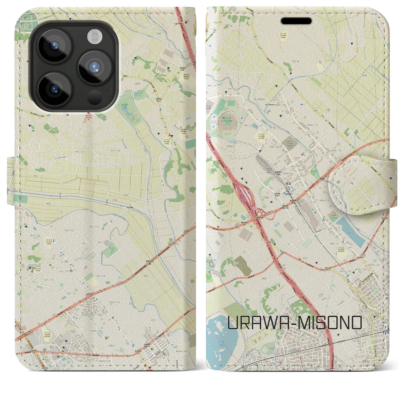【浦和美園(埼玉県)】地図柄iPhoneケース(手帳タイプ)ナチュラル・iPhone 15 Pro Max 用