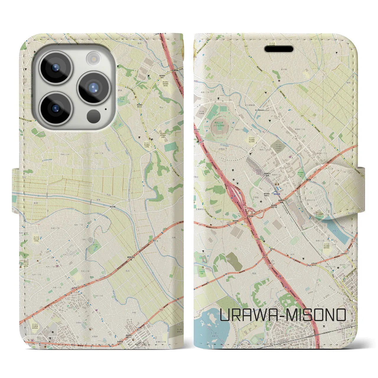 【浦和美園(埼玉県)】地図柄iPhoneケース(手帳タイプ)ナチュラル・iPhone 15 Pro 用