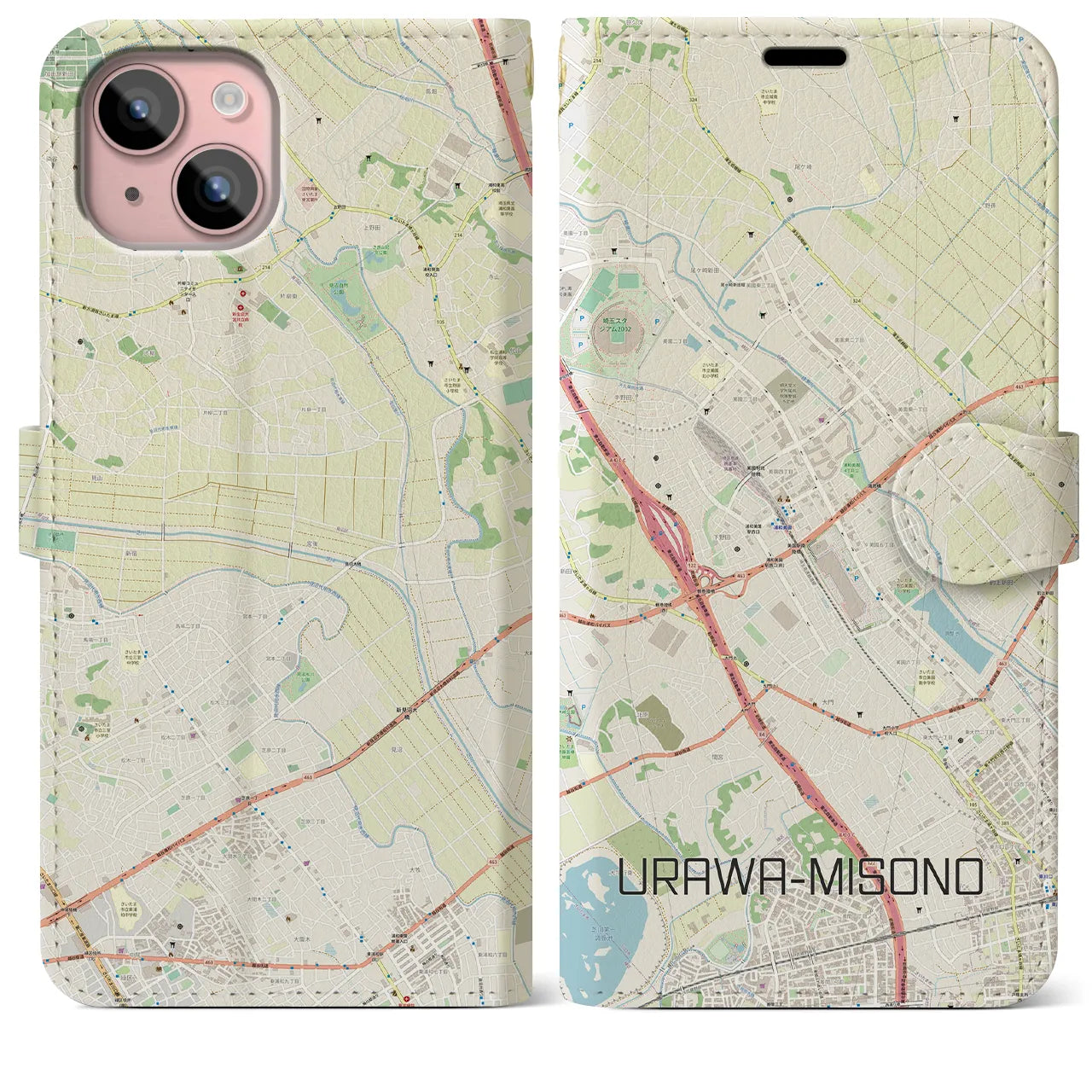 【浦和美園(埼玉県)】地図柄iPhoneケース(手帳タイプ)ナチュラル・iPhone 15 Plus 用