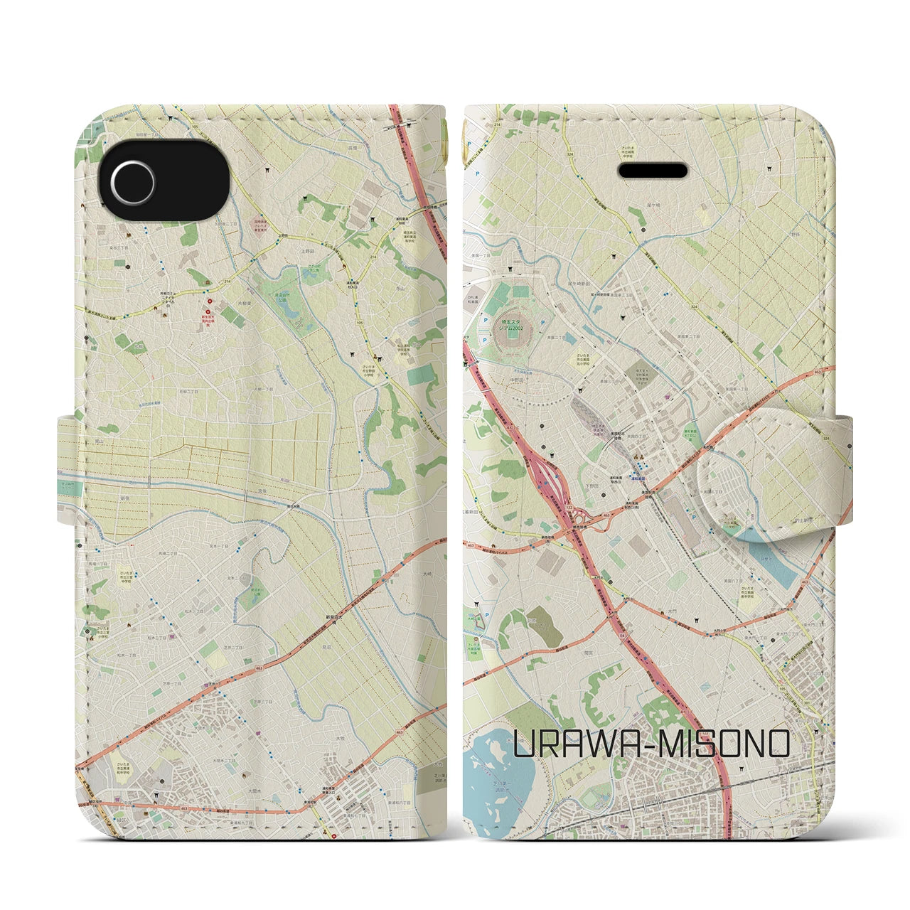 【浦和美園(埼玉県)】地図柄iPhoneケース(手帳タイプ)ナチュラル・iPhone SE(第3 / 第2世代) / 8 / 7 / 6s / 6 用