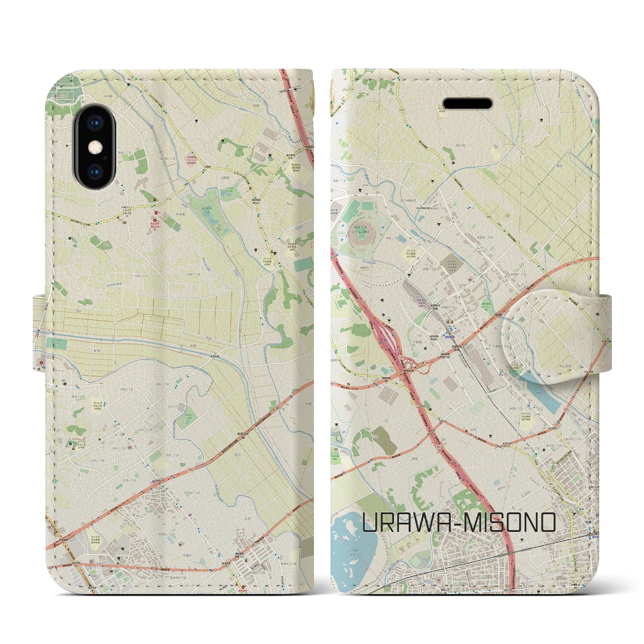 【浦和美園(埼玉県)】地図柄iPhoneケース(手帳タイプ)ナチュラル・iPhone XS / X 用