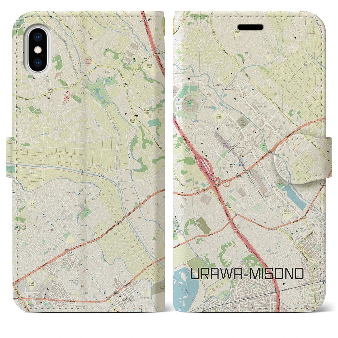 【浦和美園(埼玉県)】地図柄iPhoneケース(手帳タイプ)ナチュラル・iPhone XS Max 用