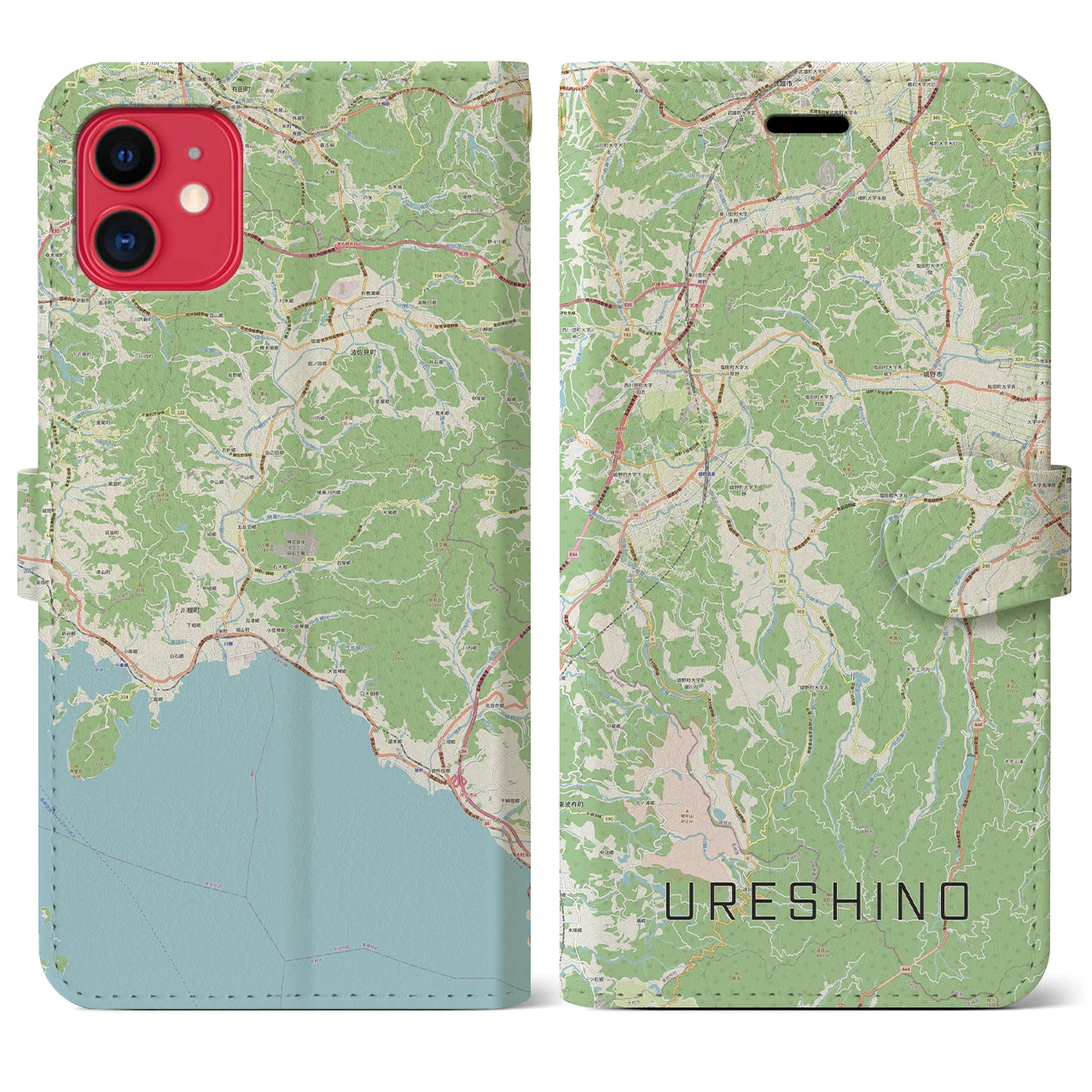 【嬉野(佐賀県)】地図柄iPhoneケース(手帳タイプ)ナチュラル・iPhone 11 用