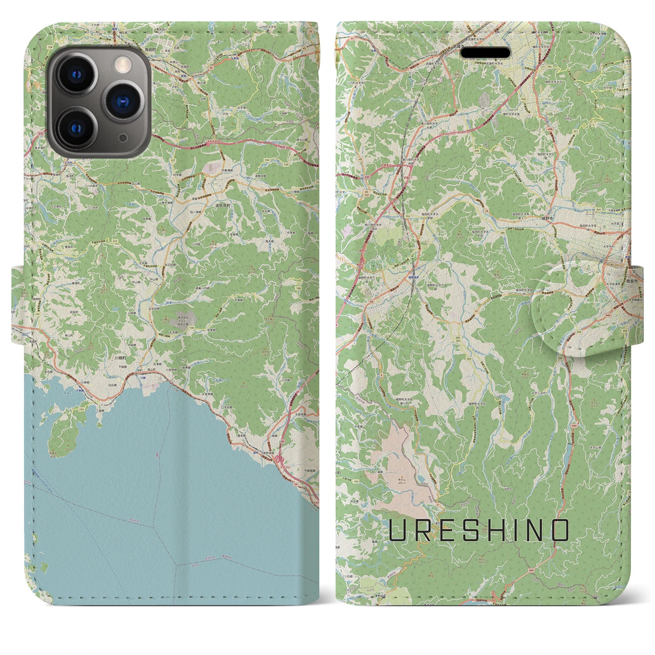 【嬉野(佐賀県)】地図柄iPhoneケース(手帳タイプ)ナチュラル・iPhone 11 Pro Max 用