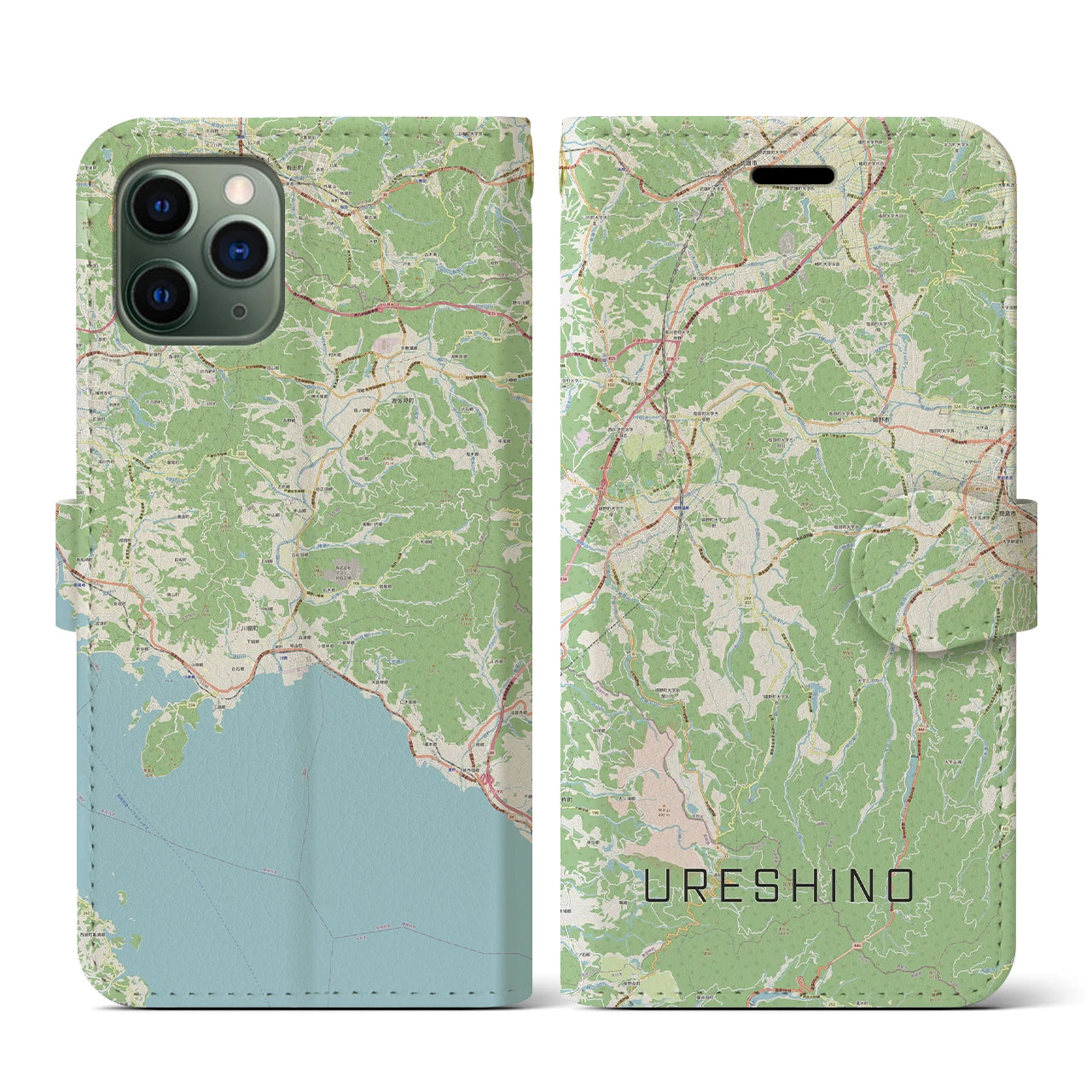 【嬉野(佐賀県)】地図柄iPhoneケース(手帳タイプ)ナチュラル・iPhone 11 Pro 用