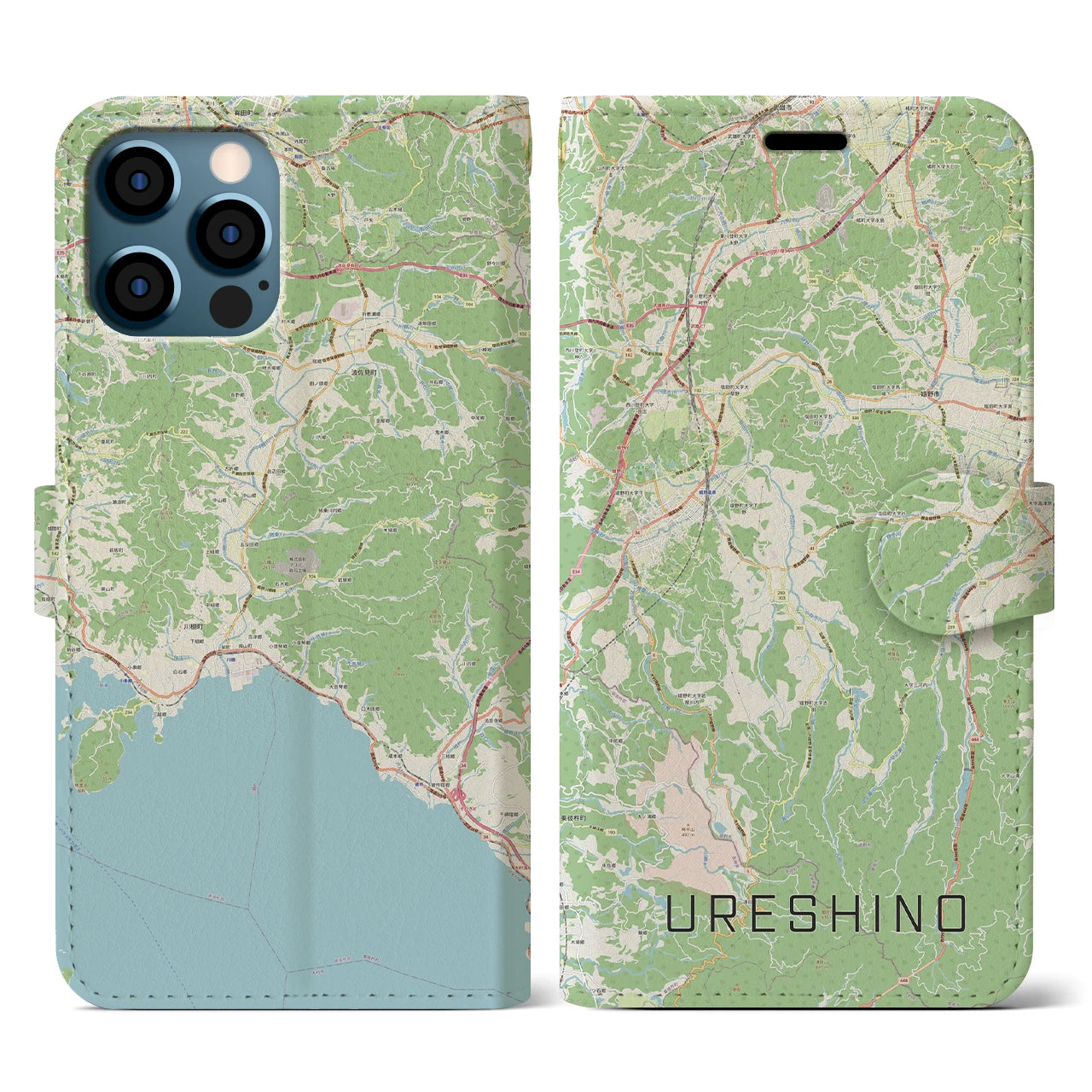【嬉野(佐賀県)】地図柄iPhoneケース(手帳タイプ)ナチュラル・iPhone 12 / 12 Pro 用