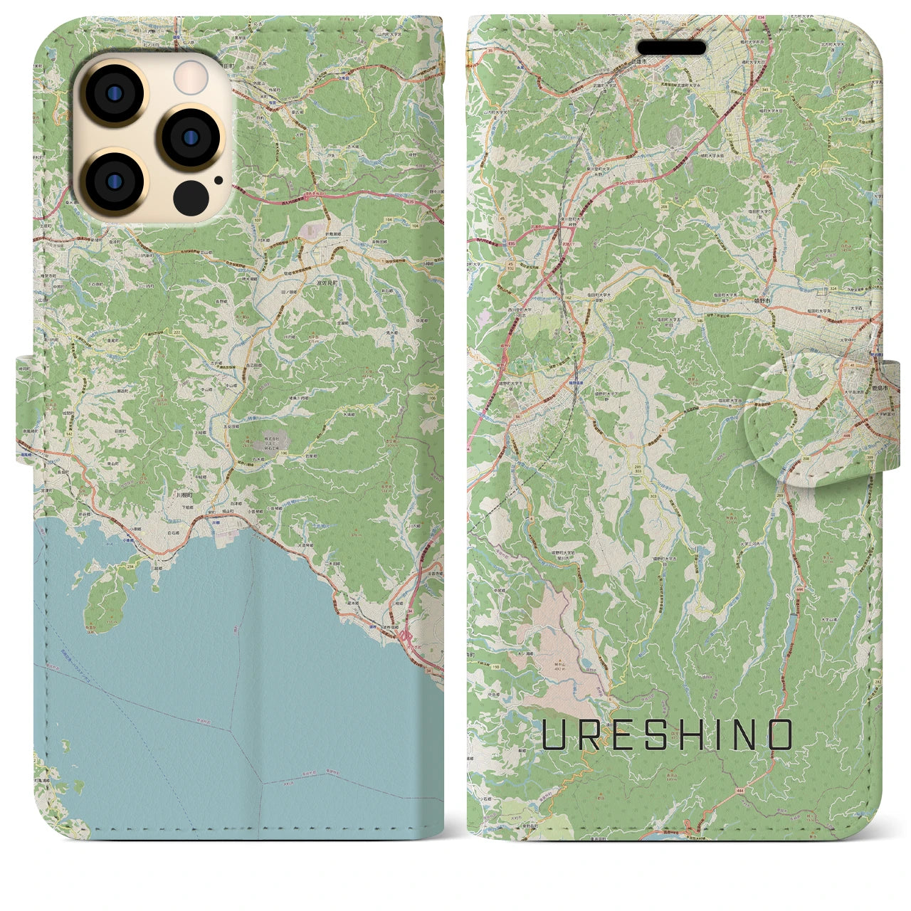 【嬉野(佐賀県)】地図柄iPhoneケース(手帳タイプ)ナチュラル・iPhone 12 Pro Max 用