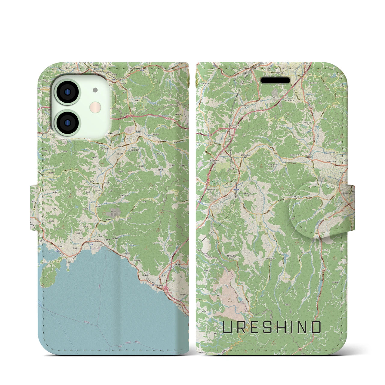 【嬉野(佐賀県)】地図柄iPhoneケース(手帳タイプ)ナチュラル・iPhone 12 mini 用