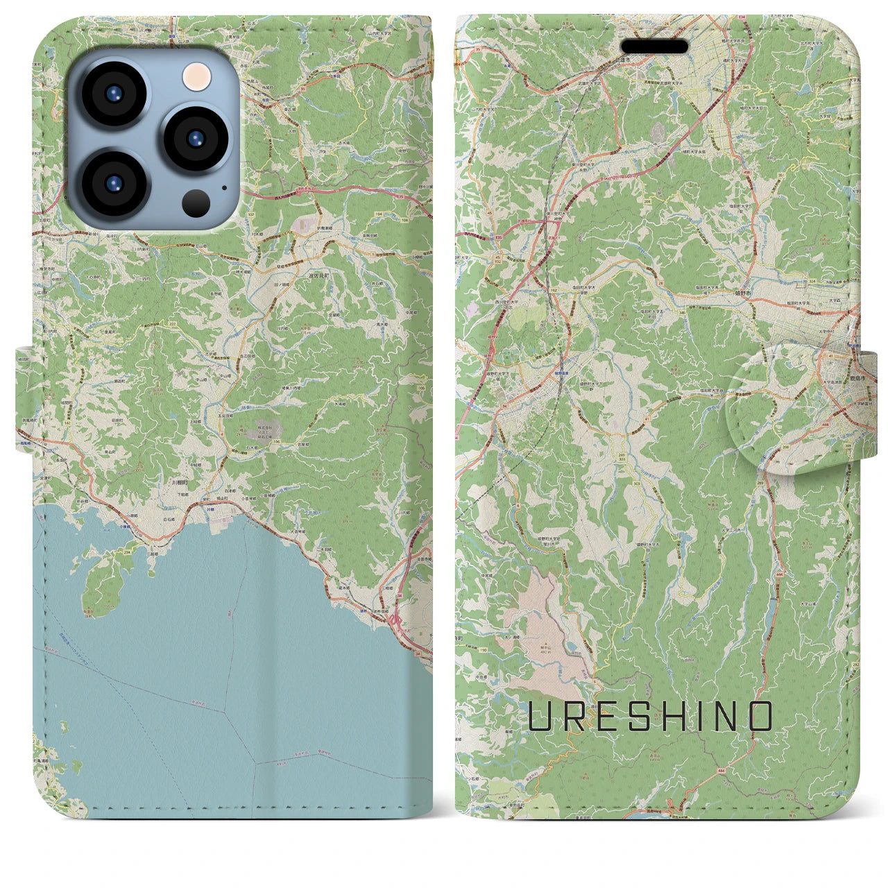 【嬉野(佐賀県)】地図柄iPhoneケース(手帳タイプ)ナチュラル・iPhone 13 Pro Max 用