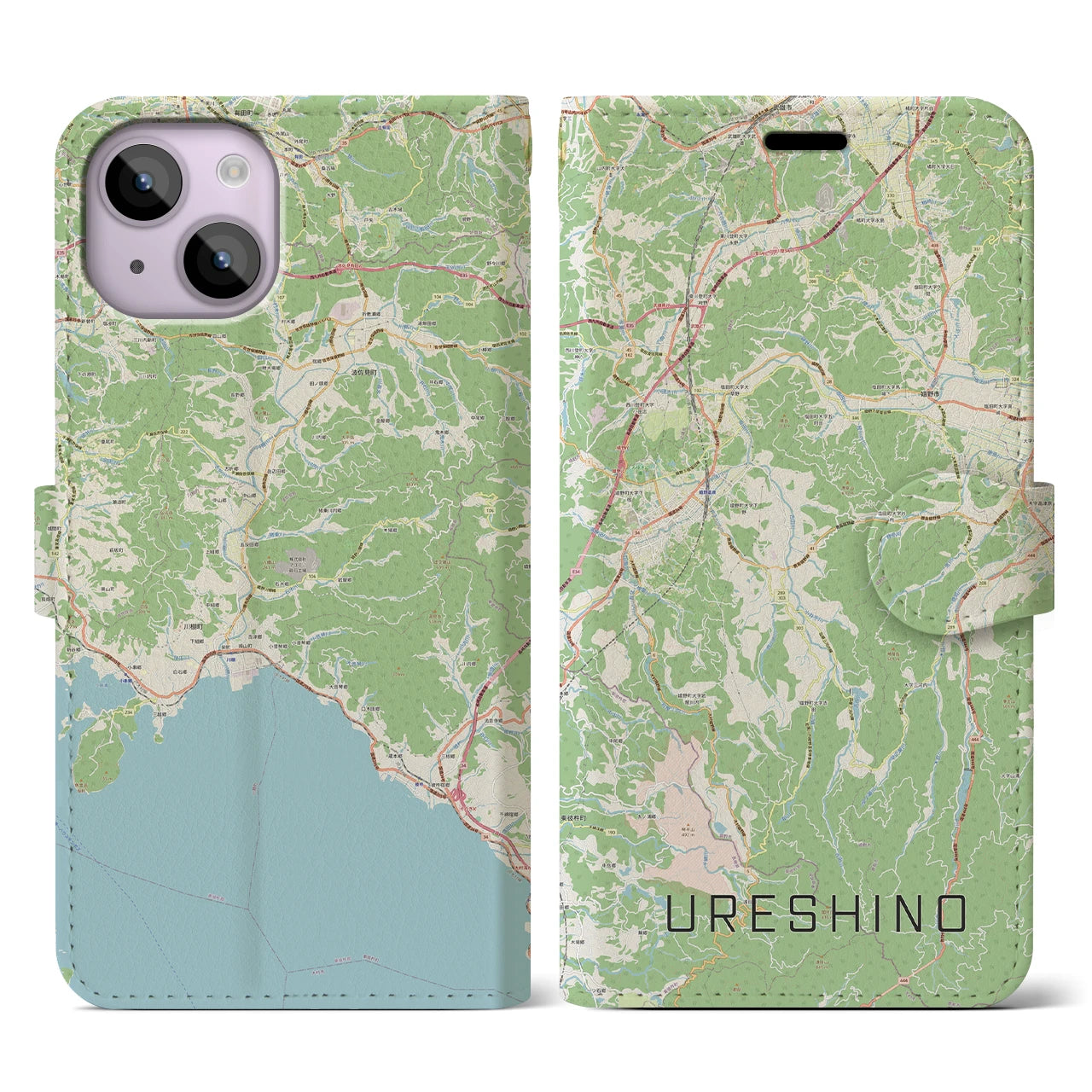 【嬉野(佐賀県)】地図柄iPhoneケース(手帳タイプ)ナチュラル・iPhone 14 用