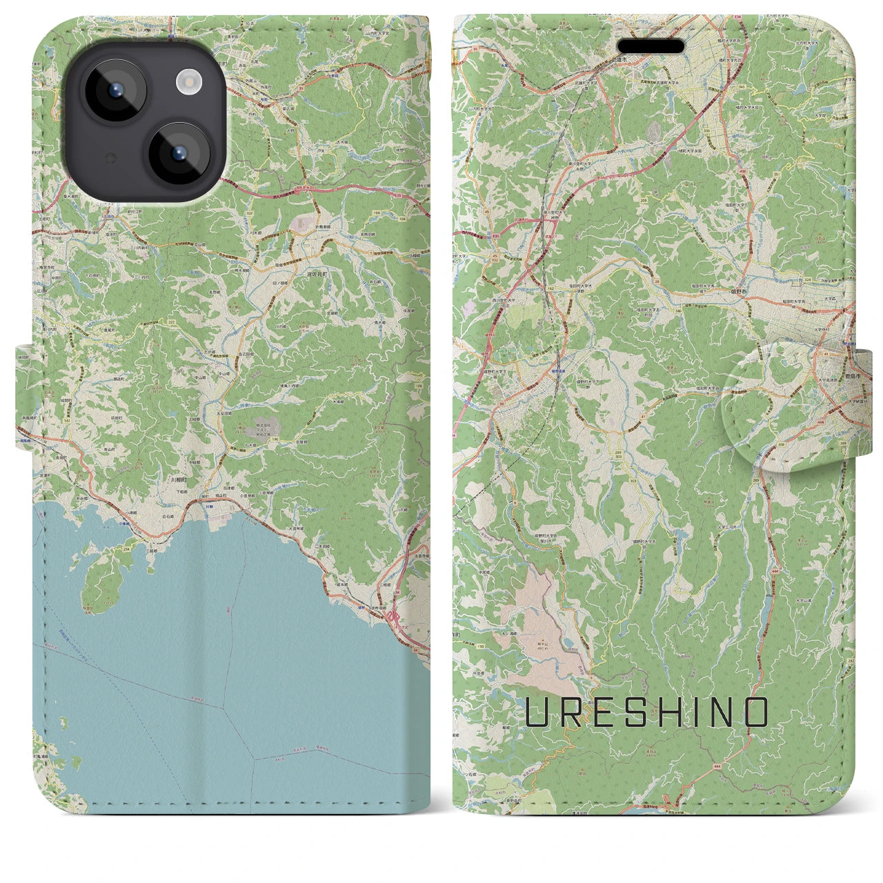 【嬉野(佐賀県)】地図柄iPhoneケース(手帳タイプ)ナチュラル・iPhone 14 Plus 用
