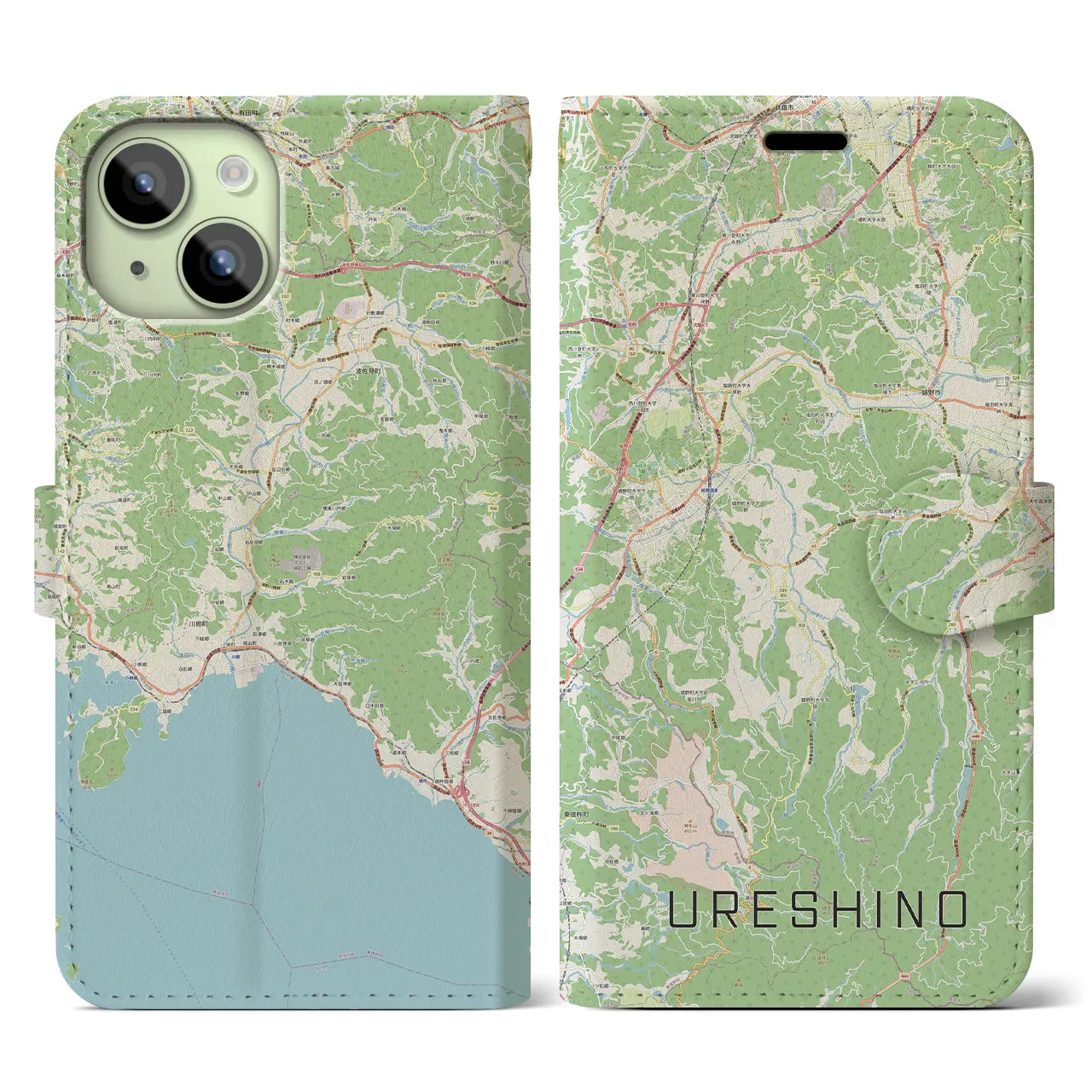 【嬉野(佐賀県)】地図柄iPhoneケース(手帳タイプ)ナチュラル・iPhone 15 用