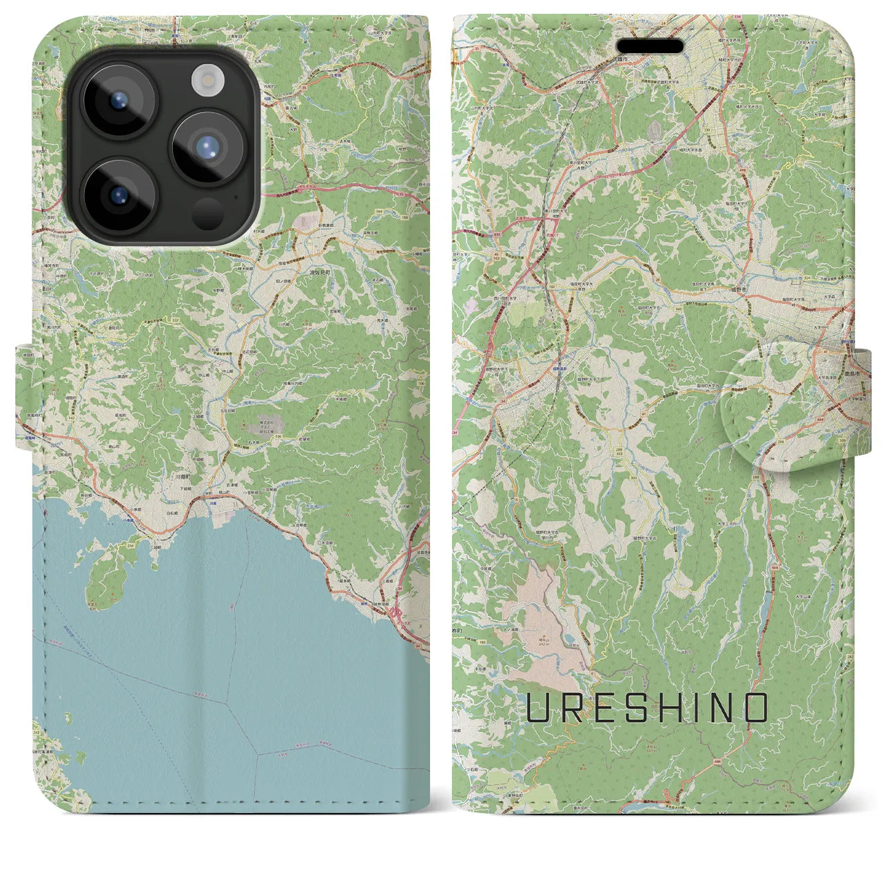【嬉野(佐賀県)】地図柄iPhoneケース(手帳タイプ)ナチュラル・iPhone 15 Pro Max 用