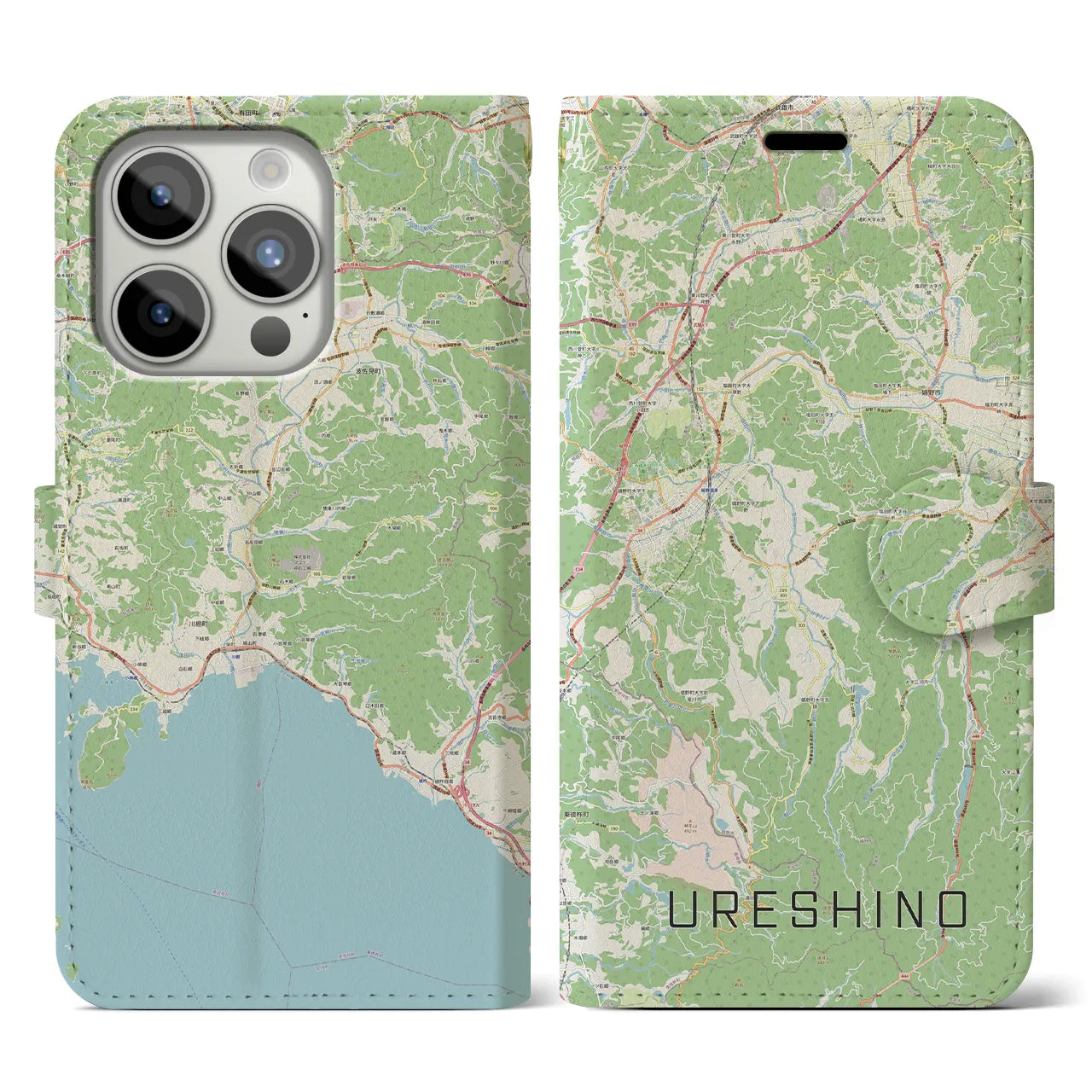 【嬉野(佐賀県)】地図柄iPhoneケース(手帳タイプ)ナチュラル・iPhone 15 Pro 用