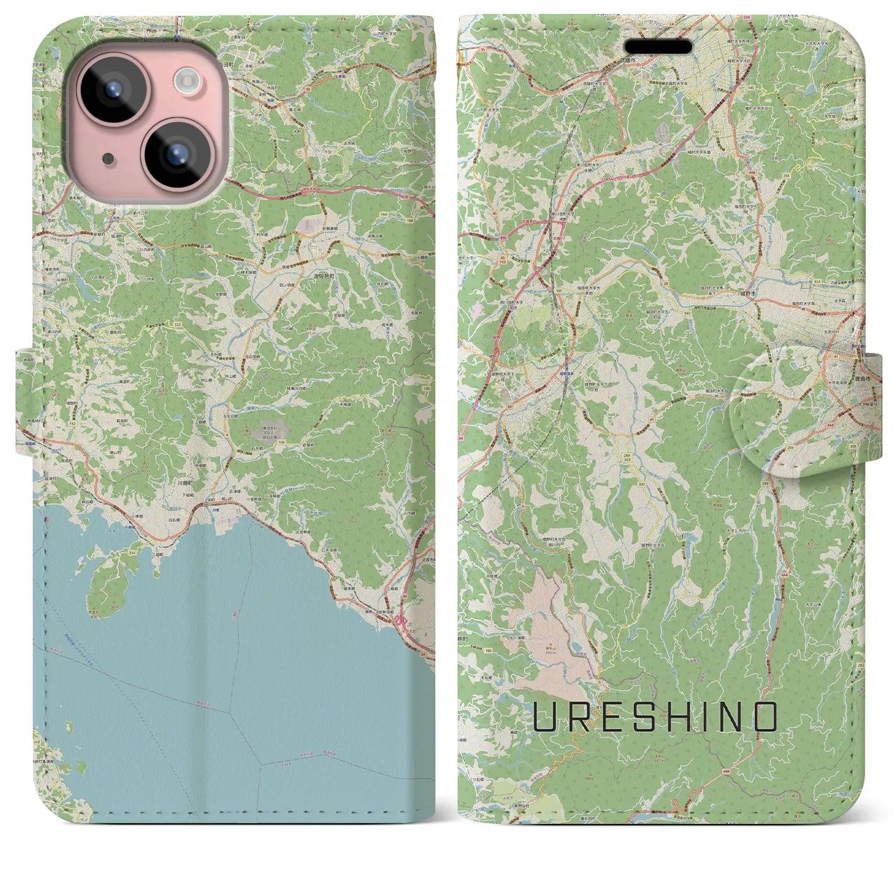 【嬉野(佐賀県)】地図柄iPhoneケース(手帳タイプ)ナチュラル・iPhone 15 Plus 用