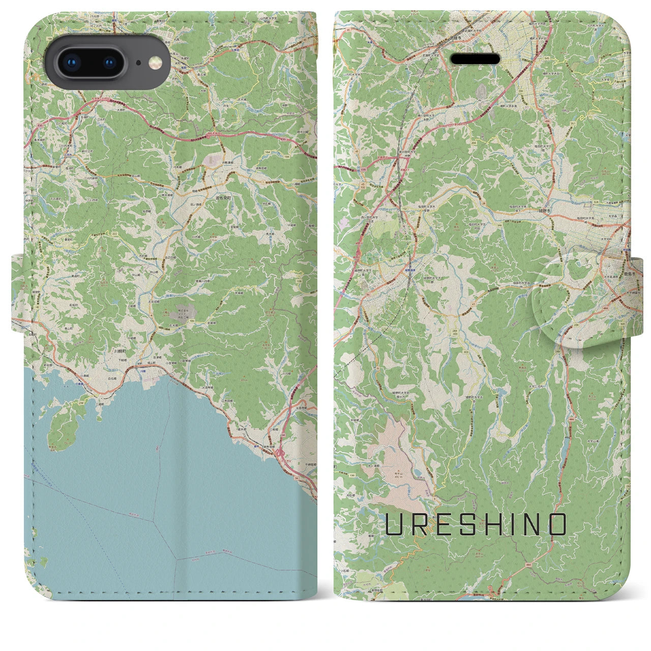 【嬉野(佐賀県)】地図柄iPhoneケース(手帳タイプ)ナチュラル・iPhone 8Plus /7Plus / 6sPlus / 6Plus 用