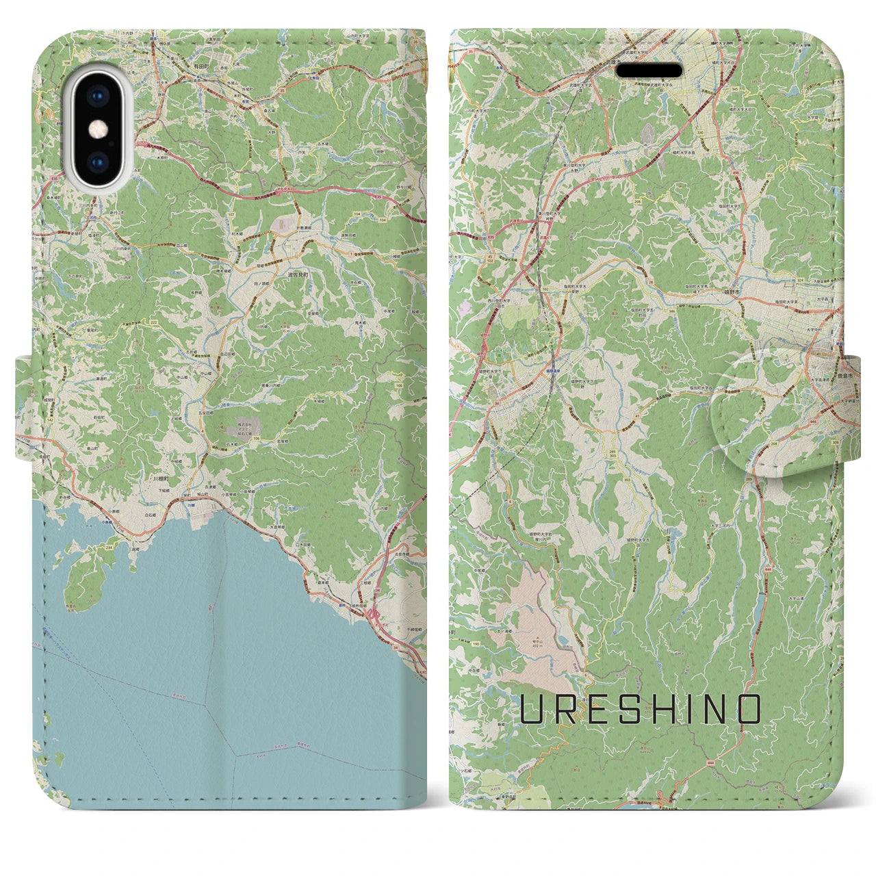 【嬉野(佐賀県)】地図柄iPhoneケース(手帳タイプ)ナチュラル・iPhone XS Max 用