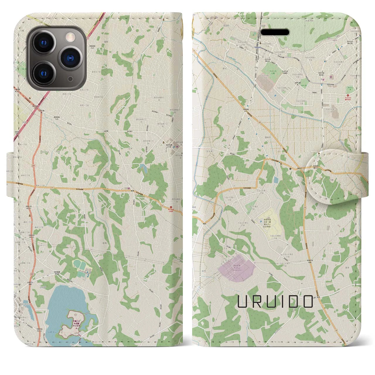 【潤井戸(千葉県)】地図柄iPhoneケース(手帳タイプ)ナチュラル・iPhone 11 Pro Max 用