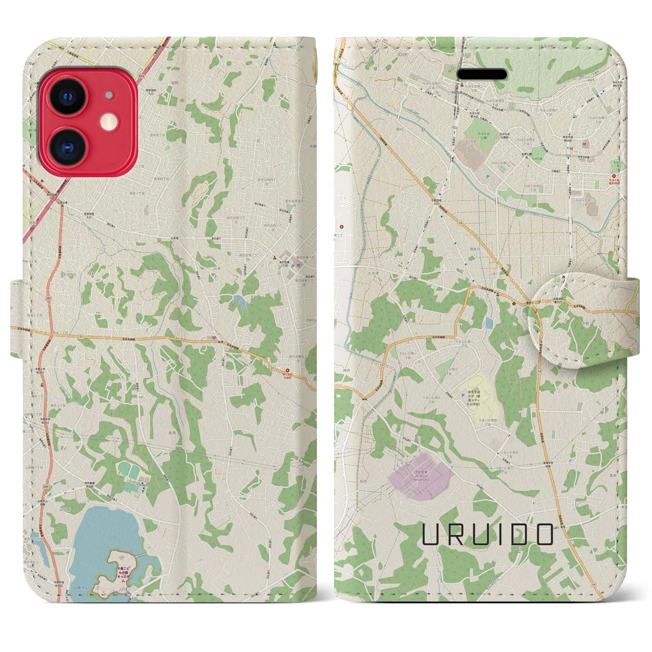 【潤井戸(千葉県)】地図柄iPhoneケース(手帳タイプ)ナチュラル・iPhone 11 用