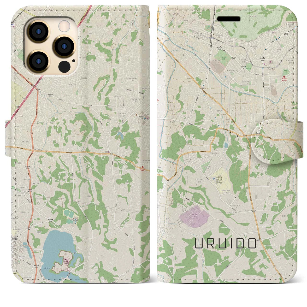 【潤井戸(千葉県)】地図柄iPhoneケース(手帳タイプ)ナチュラル・iPhone 12 Pro Max 用
