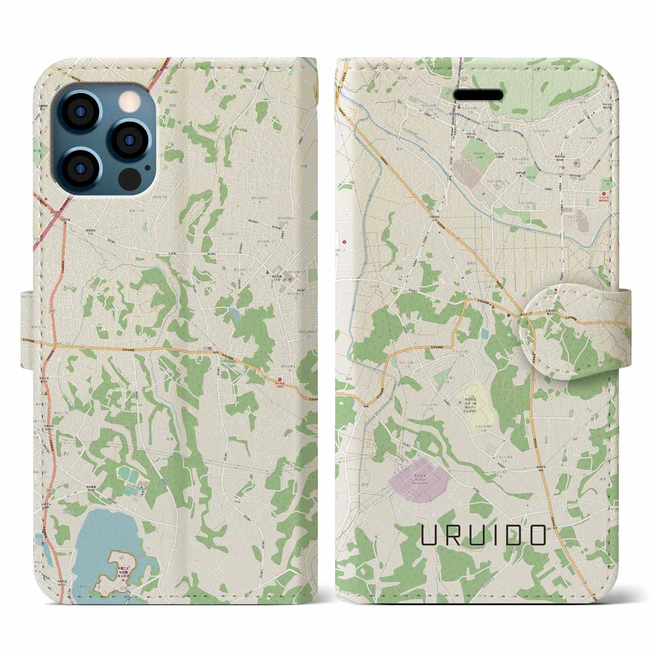 【潤井戸(千葉県)】地図柄iPhoneケース(手帳タイプ)ナチュラル・iPhone 12 / 12 Pro 用