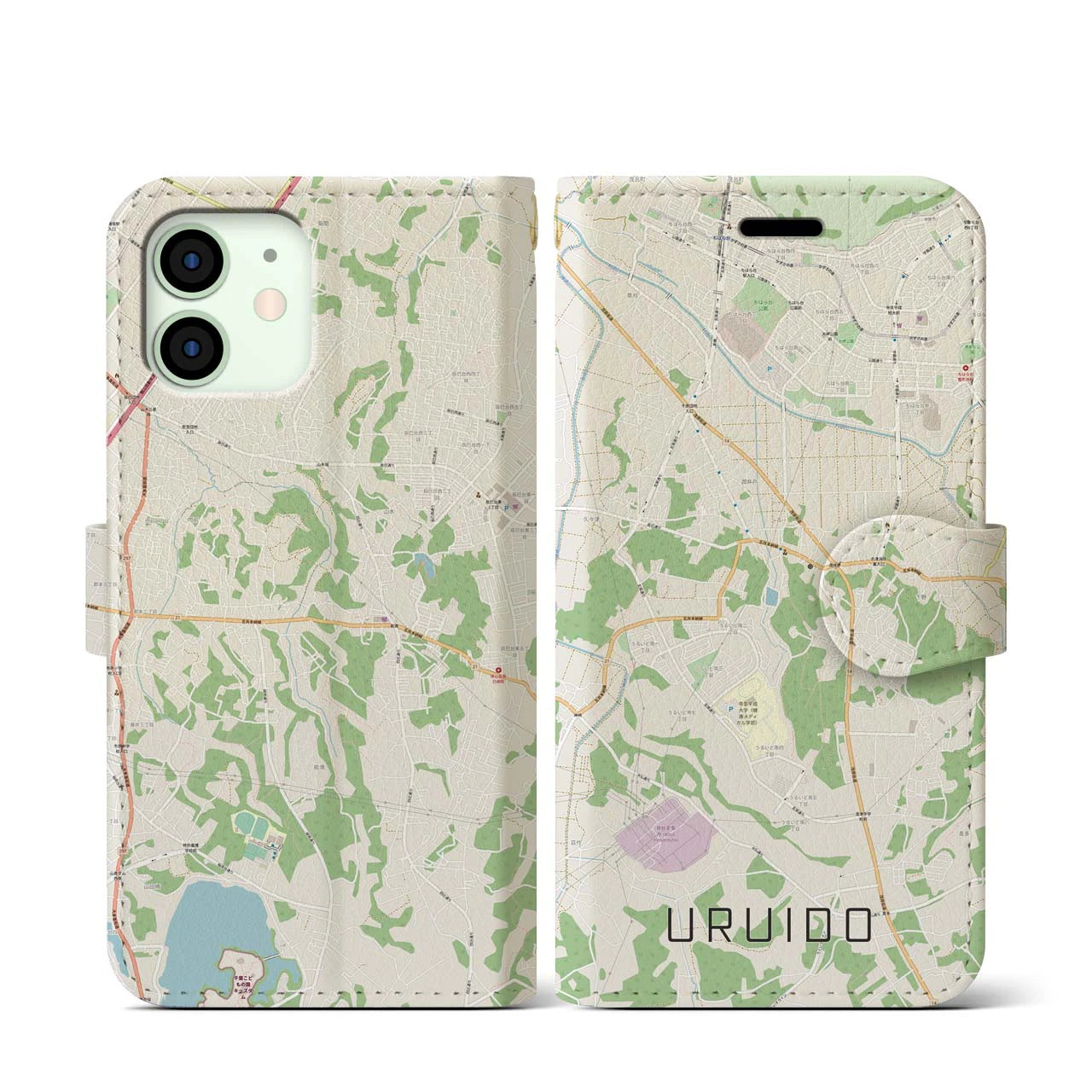 【潤井戸(千葉県)】地図柄iPhoneケース(手帳タイプ)ナチュラル・iPhone 12 mini 用