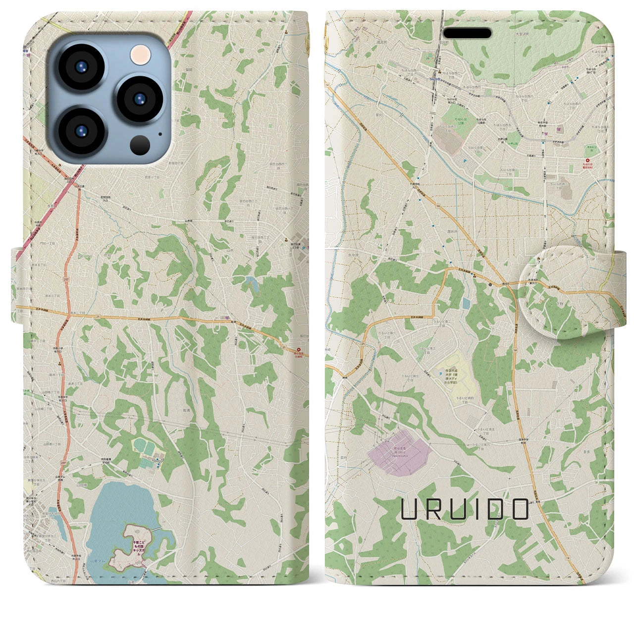 【潤井戸(千葉県)】地図柄iPhoneケース(手帳タイプ)ナチュラル・iPhone 13 Pro Max 用