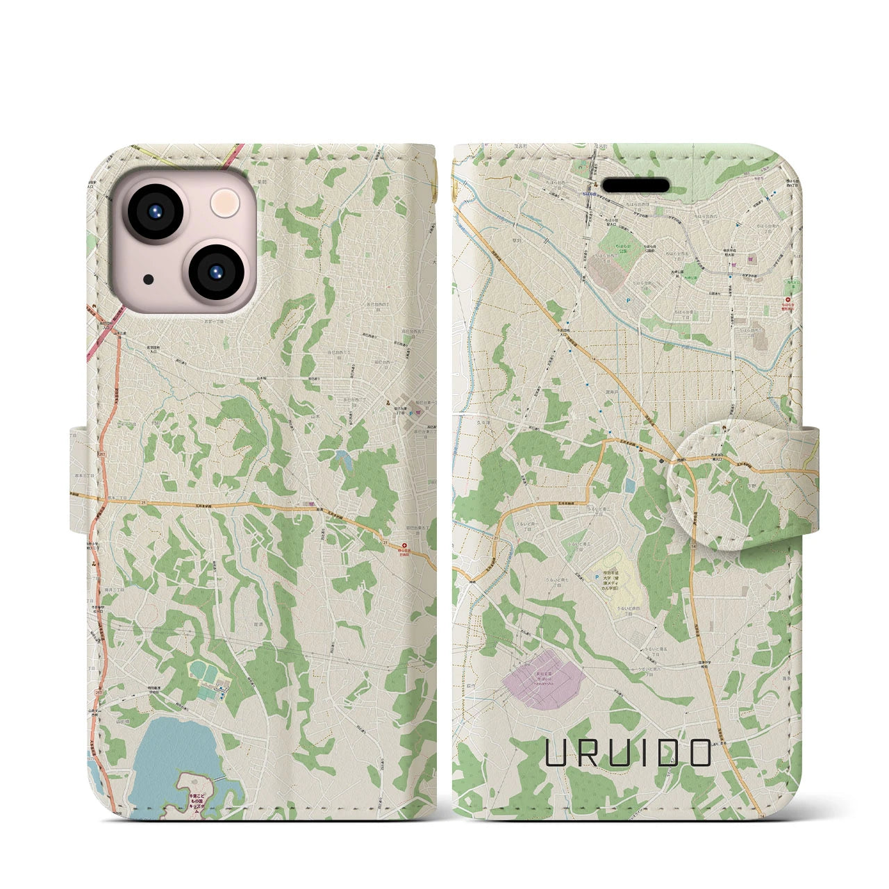【潤井戸(千葉県)】地図柄iPhoneケース(手帳タイプ)ナチュラル・iPhone 13 mini 用