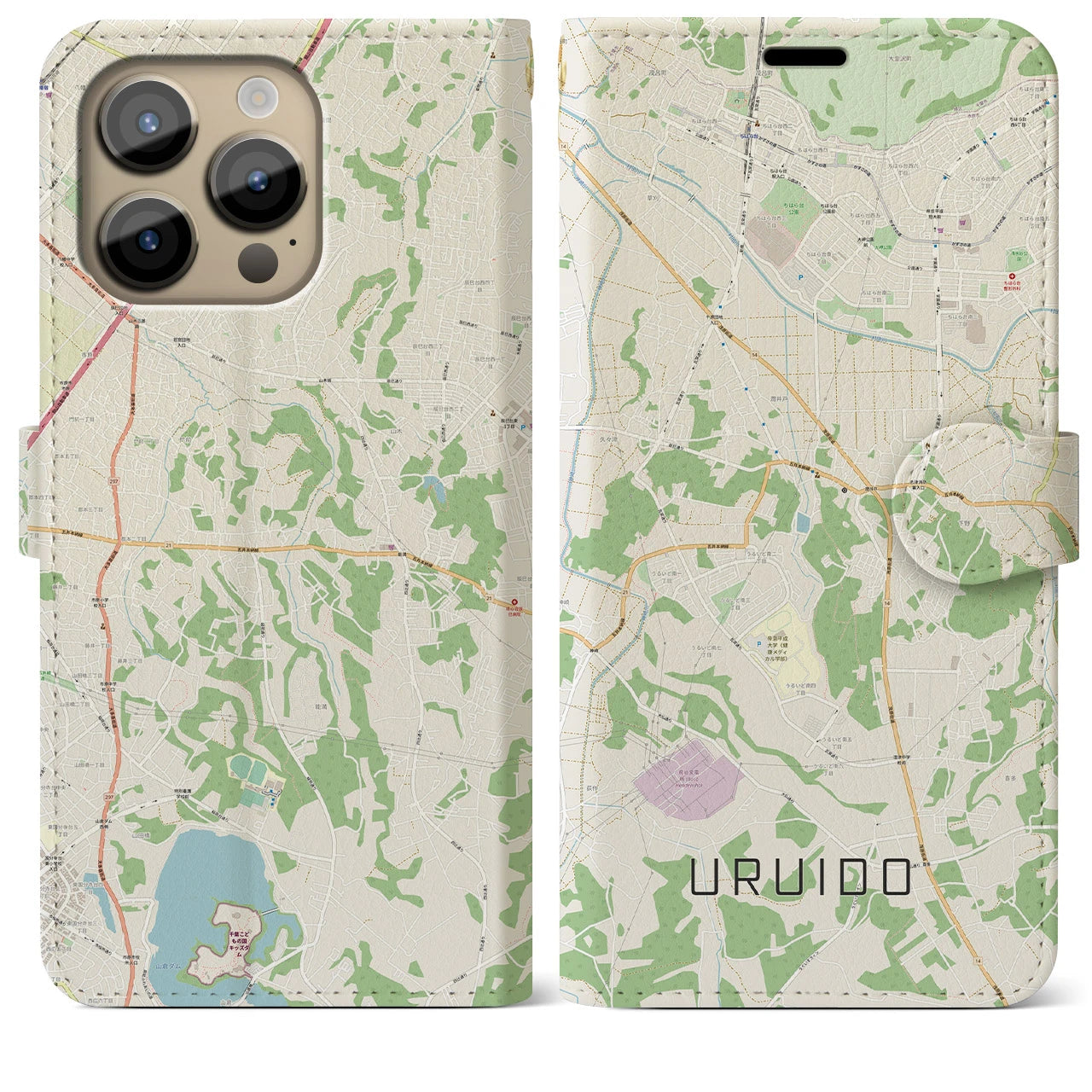 【潤井戸(千葉県)】地図柄iPhoneケース(手帳タイプ)ナチュラル・iPhone 14 Pro Max 用